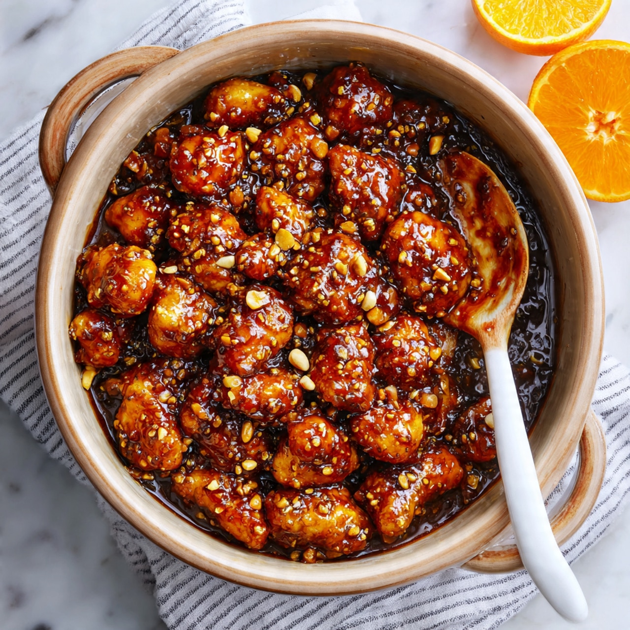 A beige pot filled with many pieces of cooked chicken coated in shiny, thick, dark orange sauce with visible small bits of garlic or spices. A white spoon rests inside the pot on the right side, covered partially with the sauce. The pot is on top of a white and gray striped cloth, all set on a white marbled surface with a halved orange placed near the top right corner. Photo taken with an iphone --ar 4:5 --v 7