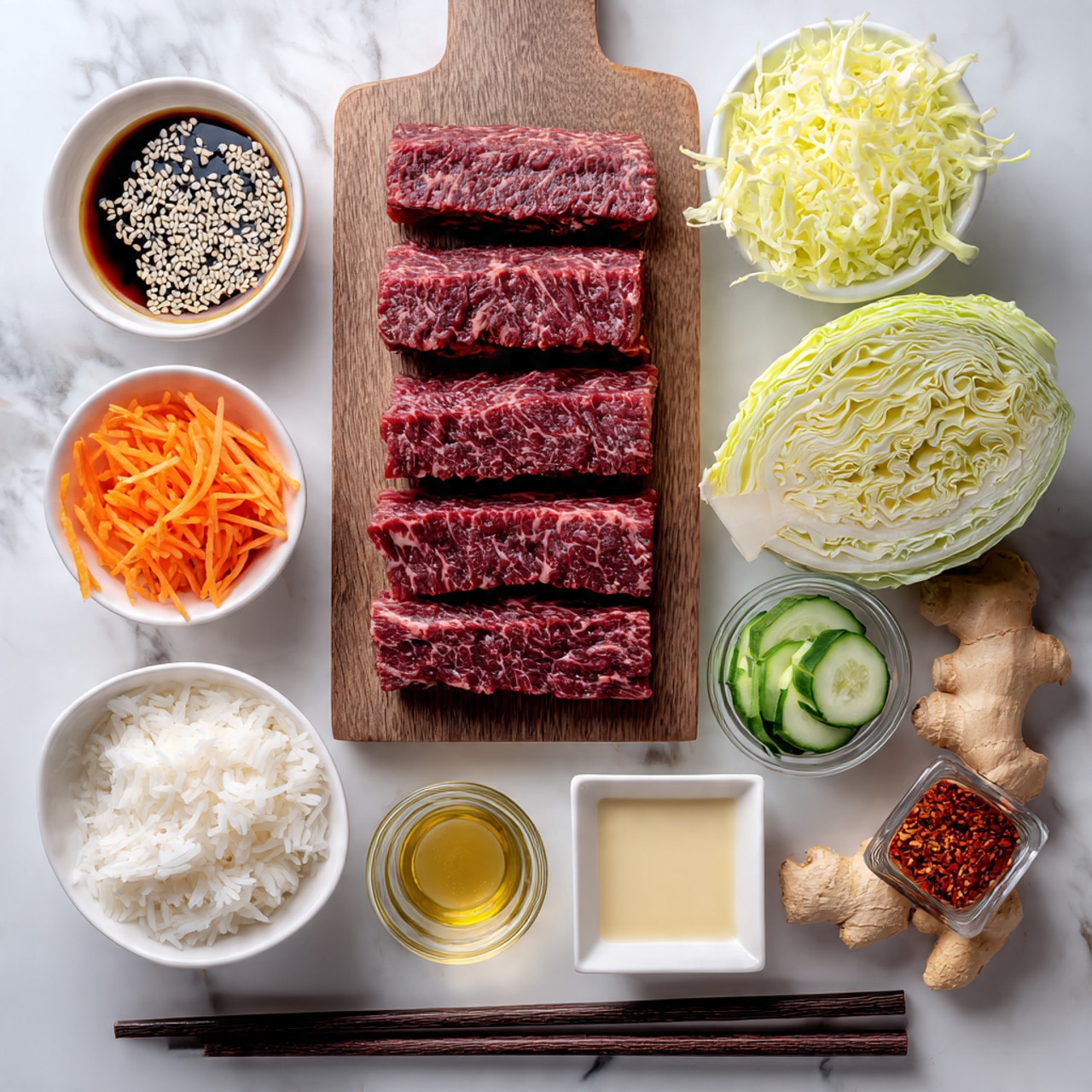 A flat lay of neatly arranged ingredients on a white marbled surface, featuring a wooden board in the middle left with five raw dark red beef slices layered slightly overlapping, surrounded by small white bowls containing different items: top left bowl with dark brown sauce topped with white sesame seeds, directly above with shredded pale yellow cabbage, top right bowl with bright green and white Napa cabbage quarters, middle right bowl filled with thin orange carrot strips, bottom right bowl of white cooked rice, bottom middle bowl with thin light green cucumber slices and curly cucumber peel on top, bottom left bowl holding dark soy sauce, a small glass bowl with creamy light yellow sauce near center, and a small glass bowl with dark liquid to its right; a piece of fresh ginger root lies beside a white square dish holding red chili paste topped with sesame seeds above the creamy sauce; dark brown chopsticks are placed horizontally at the bottom of the frame photo taken with an iphone --ar 4:5 --v 7