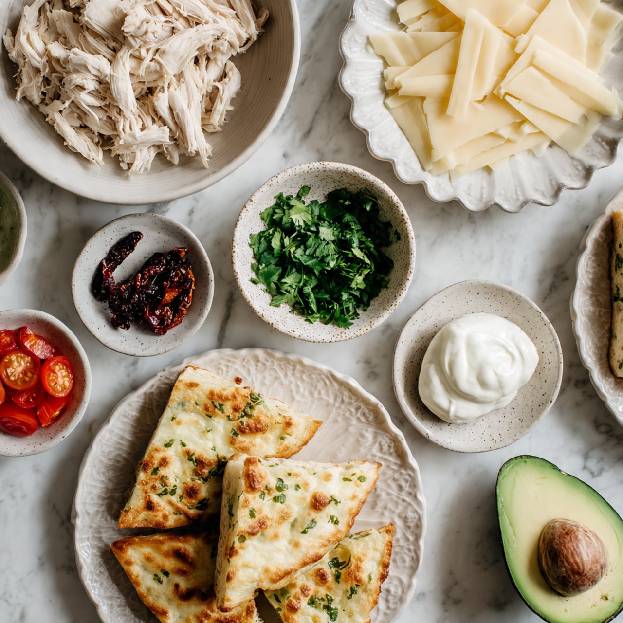 The image shows a white marbled surface with six small white plates and one half avocado arranged neatly. In the top left, a white bowl holds shredded rotisserie chicken in light beige tones. Below it, a scalloped white plate displays several thin slices of light yellow gouda cheese. To the right of the chicken, a small off-white speckled bowl contains bright green chopped cilantro. Below and slightly right, a scalloped white plate holds five triangular pieces of golden-brown focaccia bread seasoned with herbs. Below the gouda, a small white bowl is filled with dark red sundried tomatoes. Next to it, another small white bowl contains shiny bright red peppadew peppers. Below these bowls, a small scoop of creamy white mayo is seen on a white plate. Finally, at the bottom right corner, a halved avocado with a green creamy interior and a brown seed is placed. photo taken with an iphone --ar 4:5 --v 7