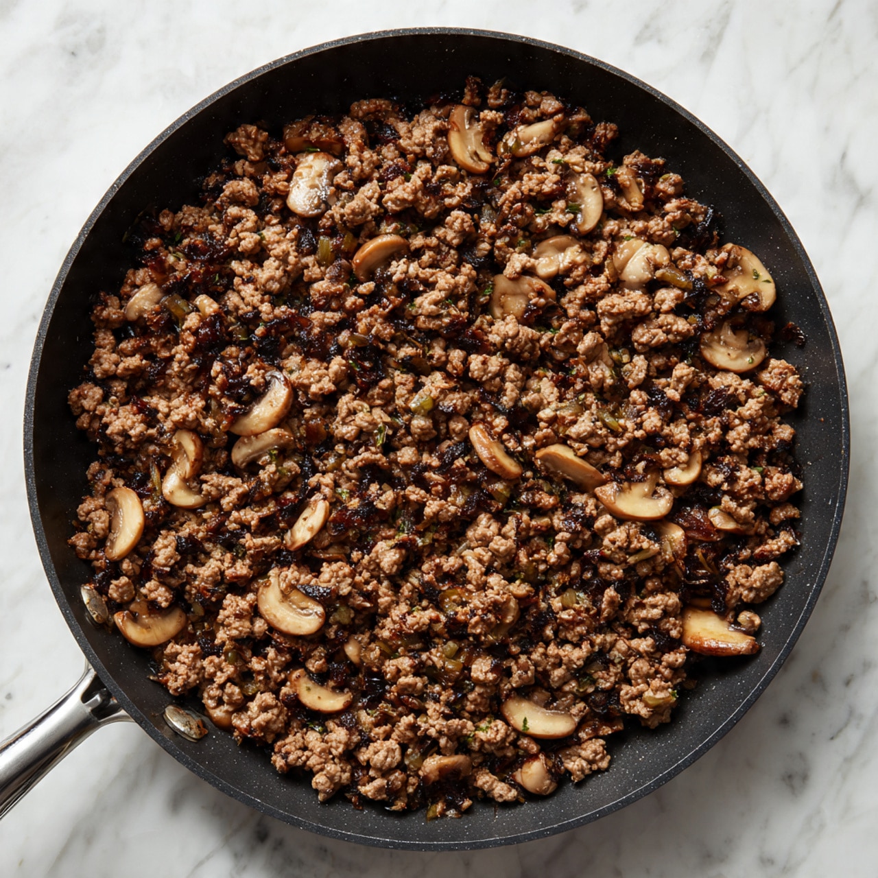 A top view of a single large pan filled with cooked ground meat mixed with small pieces of light brown vegetables or mushrooms, all evenly spread to fill the pan. The pan is black with a long handle, placed on a white marbled surface. The texture of the meat mixture looks crumbly with some soft chunks scattered throughout, showing a warm, browned color with some darker browned spots. photo taken with an iphone --ar 4:5 --v 7