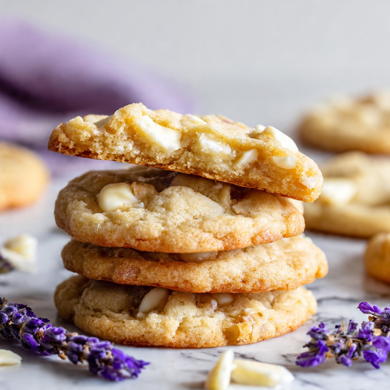 The image shows a close-up of a stack of three light brown cookies with visible white chunks inside, placed on a white marbled surface. The top cookie is broken in half, revealing a soft and crumbly texture inside. Behind the stack, more cookies are slightly blurred out. A sprig of purple lavender lies beside the cookies, adding a touch of color and detail to the scene. Photo taken with an iphone --ar 4:5 --v 7
