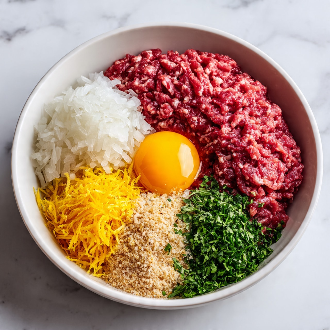 A white bowl sits on a white marbled surface, filled with multiple layers of ingredients arranged separately. On the left side, there is raw ground meat in a deep red color. Above it, there is a fluffy, white layer of grated onion. To the right of the onion, a bright yellow egg yolk rests smoothly. Below the egg yolk is a heap of finely shredded yellow zest, likely lemon. Beside the zest, there is a mound of fresh, chopped green herbs. Next to the green herbs is a small portion of minced light yellow garlic. In the center, there are light brown spices and beige breadcrumbs scattered over the meat. The ingredients are all fresh and each layer is clearly visible and distinct. Photo taken with an iphone --ar 4:5 --v 7