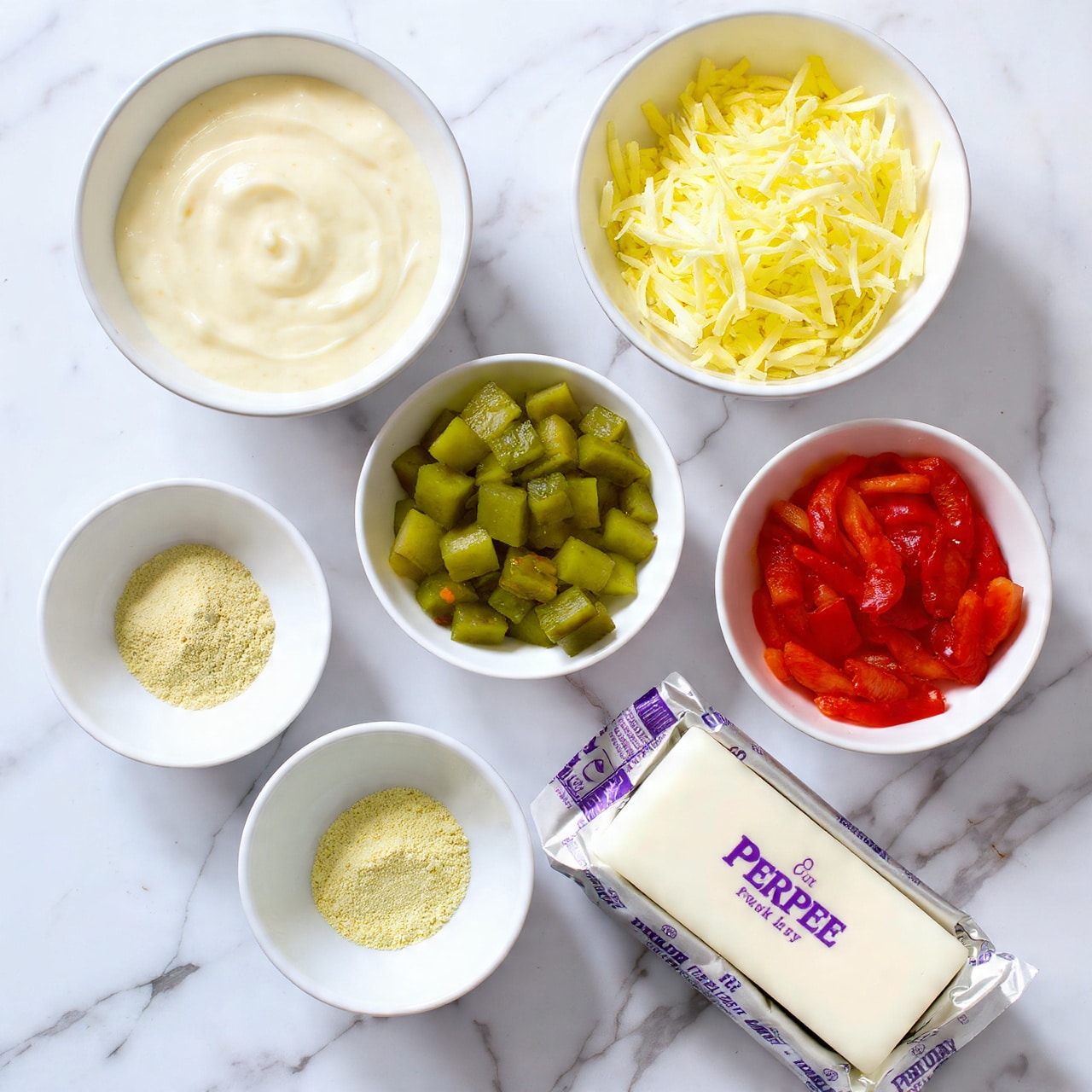 The image shows five small white bowls and a foil-wrapped block of cheese placed on a white marbled surface. The top left bowl contains a smooth, creamy white sauce with a swirled texture. To the right of it, a bowl is filled with shredded cheese in pale yellow color. Below the creamy sauce bowl, there is a white bowl holding chopped green pickles with some small orange bits. To the right, another white bowl holds bright red sliced roasted red peppers with a slightly shiny and soft texture. A small white bowl at the bottom left has two types of fine powders, one pale yellow and the other greenish yellow. The foil-wrapped cheese block with purple text lays at the bottom right. Photo taken with an iphone --ar 4:5 --v 7