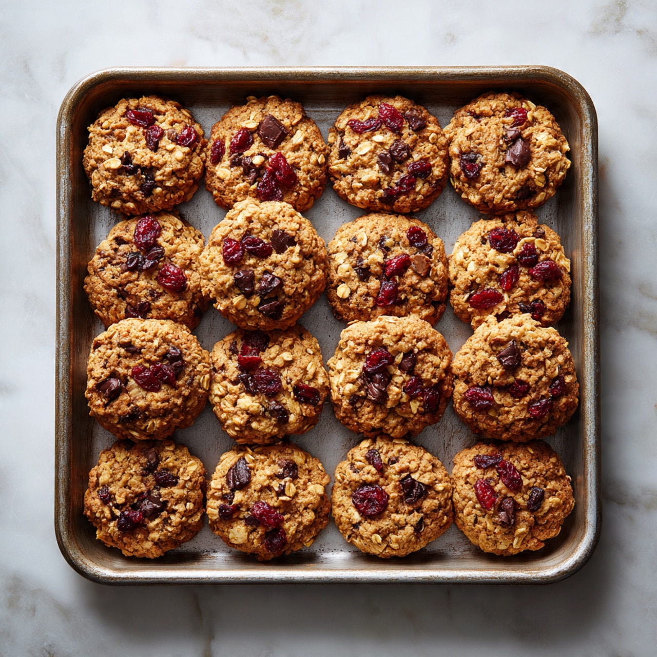 A tray filled with twelve round oatmeal cookies, each cookie showing visible chunks of dark chocolate and dried red fruits, with a rough and textured surface that suggests a chewy and hearty bite. The cookies are evenly spaced and have a golden-brown color with bits of oats and nuts showing through. The tray is placed on a white marbled textured surface. photo taken with an iphone --ar 4:5 --v 7