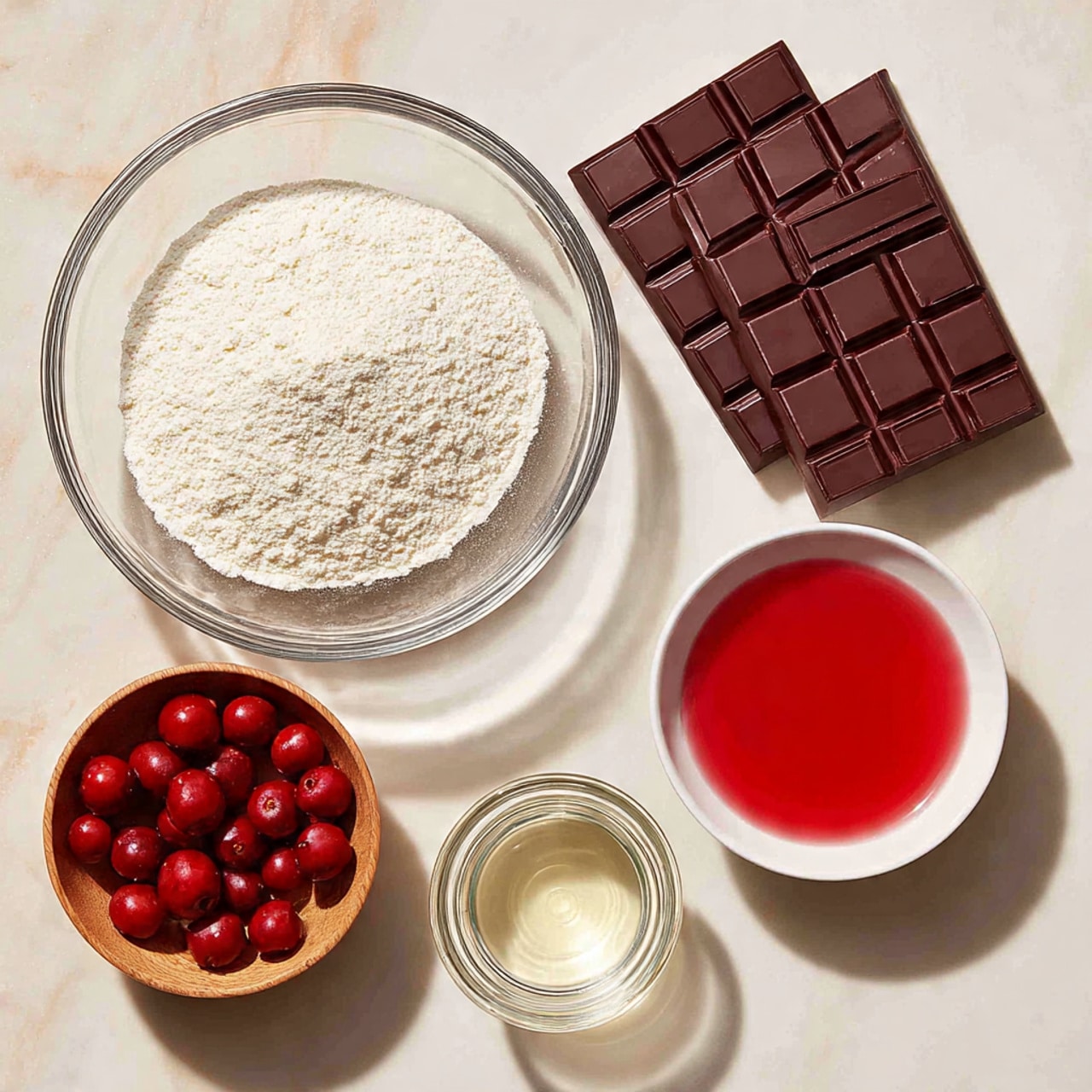 The image shows six ingredients arranged on a white marbled surface. At the center is a clear glass bowl filled with a white powdery substance. Above it is a dark brown chocolate bar divided into small rectangular segments. To the left of the chocolate is a clear glass bowl filled with bright red cherries. To the right of the chocolate is a small white bowl holding bright red liquid. Below the cherries is a small wooden bowl with a smooth texture, which appears empty. Finally, below the red liquid is a clear glass bowl containing a transparent liquid. The setup is simple and neatly placed in a grid-like arrangement photo taken with an iphone --ar 4:5 --v 7