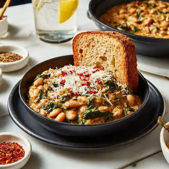 A black bowl filled with creamy stew that has big light brown beans, chopped green spinach, and small red bits of seasoning on top, sitting on a matching black plate. There is a long piece of light brown bread standing upright in the stew. The stew looks thick and is topped with grated white cheese and red chili flakes. In the background, there is a black pan filled with more of the same stew. Surrounding the bowl are small white dishes with different spices, and a glass of water with a slice of lemon. All this is set on a white marbled surface. photo taken with an iphone --ar 4:5 --v 7