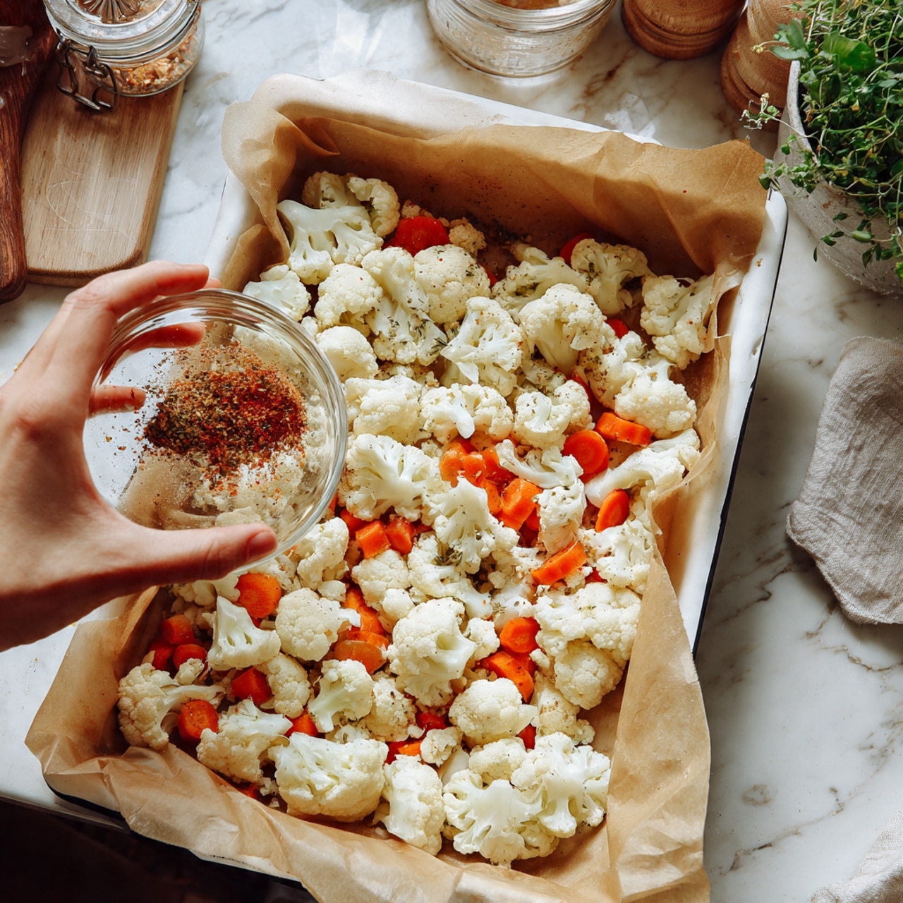A white baking tray lined with brown parchment paper holds two layers of fresh vegetables: a base layer of cauliflower pieces in off-white color with rough, uneven textures and a second layer of small, round, bright orange carrot slices scattered evenly on top. Above the vegetables, a woman's hand holds a small clear glass bowl tilted down, pouring a mix of reddish-brown spices over the vegetables. The scene is set on a white marbled surface with a blurry green plant on the right side and some kitchen tools and herbs slightly visible in the background. photo taken with an iphone --ar 4:5 --v 7