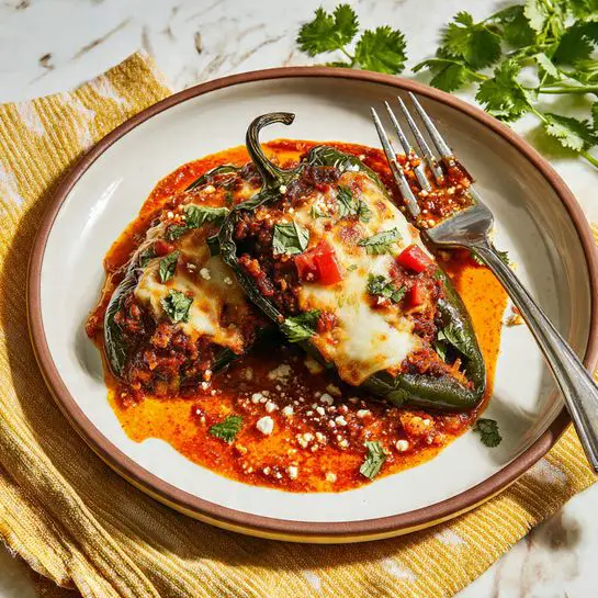 A white rectangular baking dish filled with six large roasted green peppers, topped with melted white cheese that covers most of each pepper. The peppers have some charred black marks and are placed over a reddish-brown sauce layer in the dish. Scattered on top are small red diced tomato pieces and crumbled white cheese, along with fresh green cilantro leaves adding color contrast. The edges of the baking dish show baked sauce residue with a slightly caramelized texture. The dish is set on a white marbled surface. photo taken with an iphone --ar 4:5 --v 7