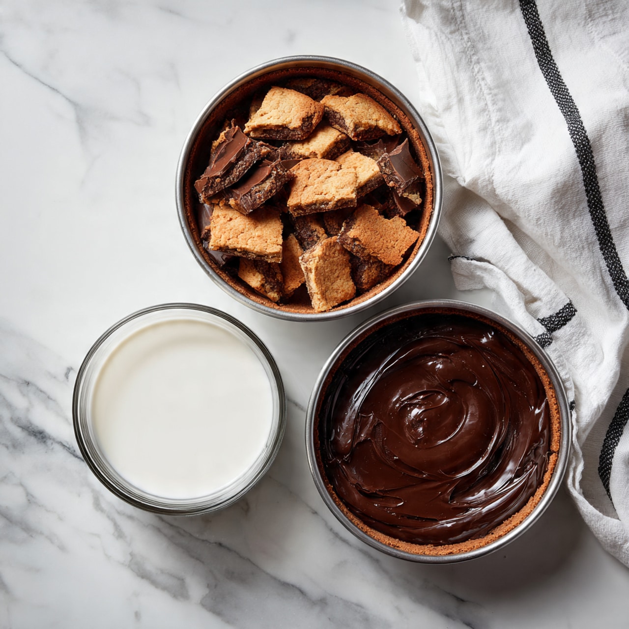 The image shows three round baking pans placed on a white marbled surface. The top pan is filled with broken, rough-textured light brown cookie pieces with uneven edges. Below it is a second pan containing a deep, smooth layer of dark glossy chocolate spread that fills the pan fully. At the bottom, there is a clear glass cup filled with white milk, smooth and creamy in appearance. A white cloth with black stripes is casually placed next to the glass. The overall lighting is soft and natural, creating a cozy baking scene. photo taken with an iphone --ar 4:5 --v 7