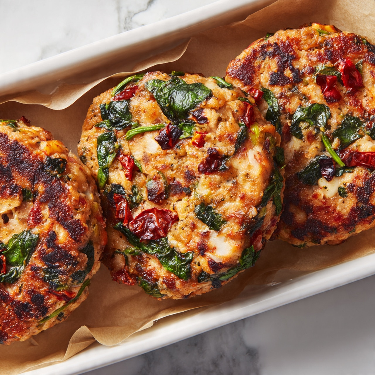 Three round patties of raw mixture rest on a white baking tray lined with parchment paper, placed on a white marbled surface. Each patty is thick and uneven, with a pale pink base mixed with visible chunks of white cheese, dark green spinach leaves, and bits of dried red tomatoes scattered throughout. The texture looks moist and soft with some roughness from the ingredients embedded inside. The focus is on the patty closest to the center, showing details of the embedded vegetables and cheese. photo taken with an iphone --ar 4:5 --v 7