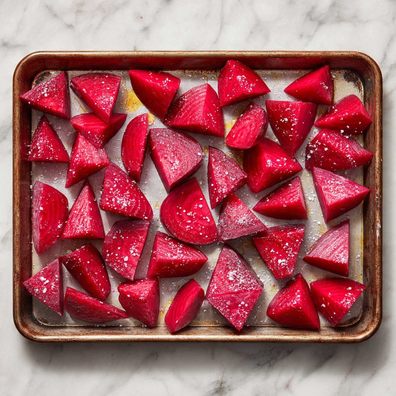 The image shows a baking tray lined with parchment paper holding roughly 40 pieces of beetroot cut into various triangular and wedge shapes. The beets are a bright deep red-pink color with visible smooth skin on some pieces and natural texture patterns on the cut surfaces. The pieces are spread out evenly, with some lightly coated in oil that adds a shiny gloss, and sprinkled with coarse white salt. The tray edges are a worn metallic color, and the whole scene is set on a white marbled surface. Photo taken with an iphone --ar 4:5 --v 7