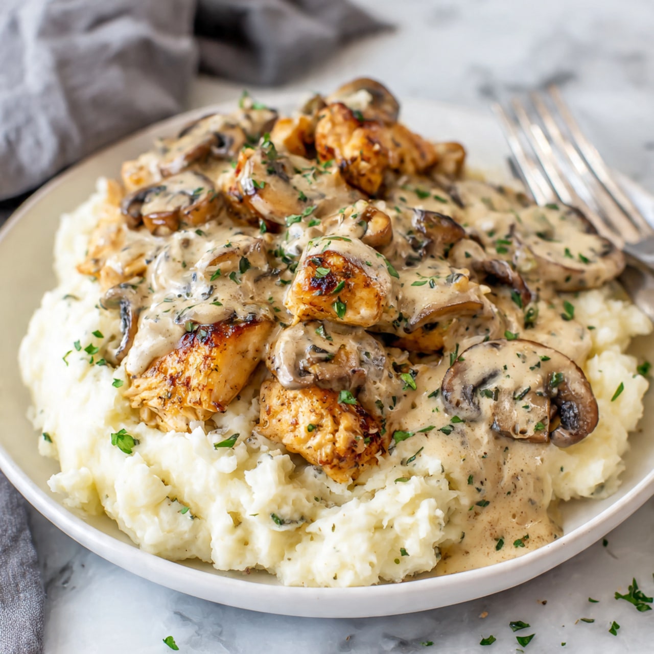 On a white plate set on a white marbled surface, there is a serving of mashed potatoes with a creamy beige mushroom sauce covering the top right side. Next to it, golden brown cooked chicken pieces are arranged with slices of sautéed mushrooms, all topped with the same creamy mushroom sauce. Small green herb bits are sprinkled on top of both the mashed potatoes and chicken, adding color contrast. The textures show soft mashed potatoes, tender chicken, and smooth mushroom sauce. Photo taken with an iphone --ar 4:5 --v 7