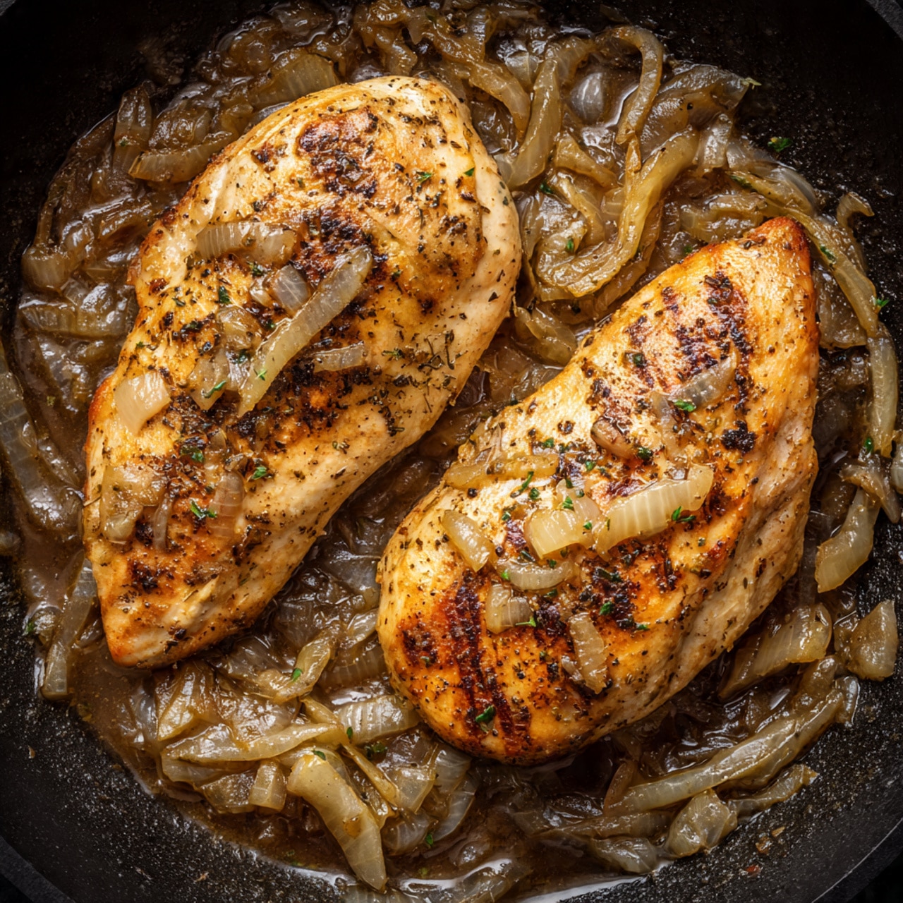 Two golden-brown cooked chicken pieces lie side by side in a black pan, covered in a shiny dark brown sauce with small bits of cooked onions scattered on top and around them. The chicken has some grill marks and a slightly glossy look from the sauce, which pools around the meat on the pan's textured surface. photo taken with an iphone --ar 4:5 --v 7