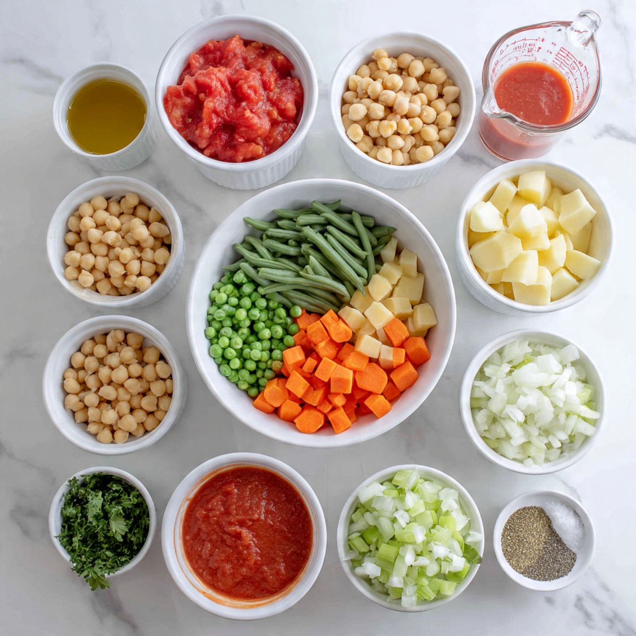 A top-down view of several small white bowls and a glass measuring cup arranged neatly on a white marbled surface, each filled with different fresh ingredients. In the center, a white bowl holds a mix of frozen vegetables including green beans, orange carrot slices, and green peas. Surrounding this are bowls with pale yellow diced potatoes, light tan chickpeas, finely chopped green parsley, small white diced onions, bright green chopped celery, and finely chopped white garlic. A larger white bowl contains bright red diced tomatoes, and a glass measuring cup has smooth red tomato sauce. Small white bowls hold golden vegetable broth, olive oil, Italian seasoning with a mix of green and brown, and salt and pepper. The textures vary from smooth liquid to chunky vegetables, creating a colorful and organized cooking setup. Photo taken with an iphone --ar 4:5 --v 7