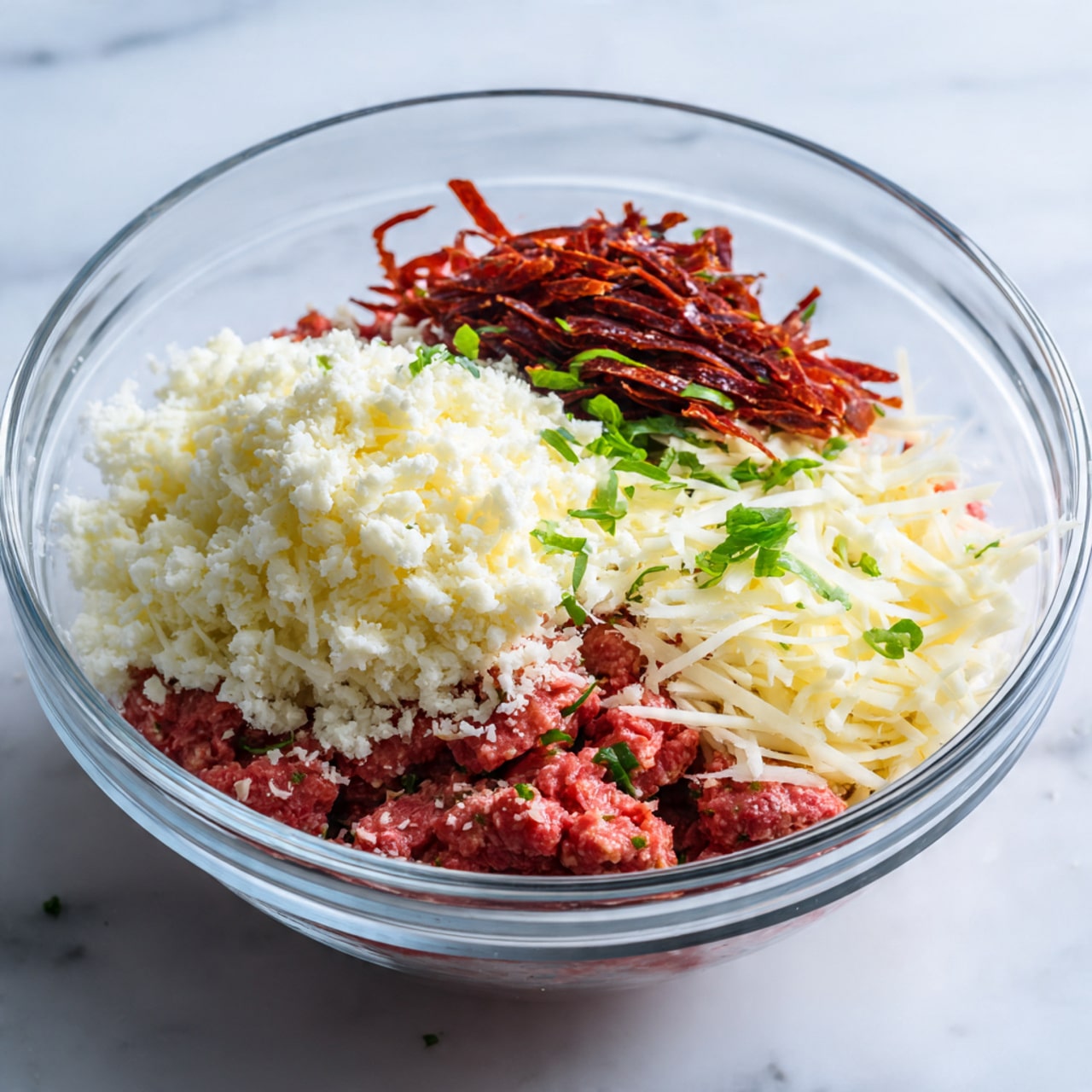 A clear glass bowl sits on a white marbled surface, filled with three visible layers of ingredients. At the bottom, there is a pinkish, chunky mixture with some hints of green leafy bits mixed in. On top of this, there is a heap of finely crumbled white cheese forming a rough mound. Next to the cheese, a pile of thin, dark reddish-brown strips adds texture and color contrast. A few scattered green leaves lay on the white marbled surface around the bowl. photo taken with an iphone --ar 4:5 --v 7