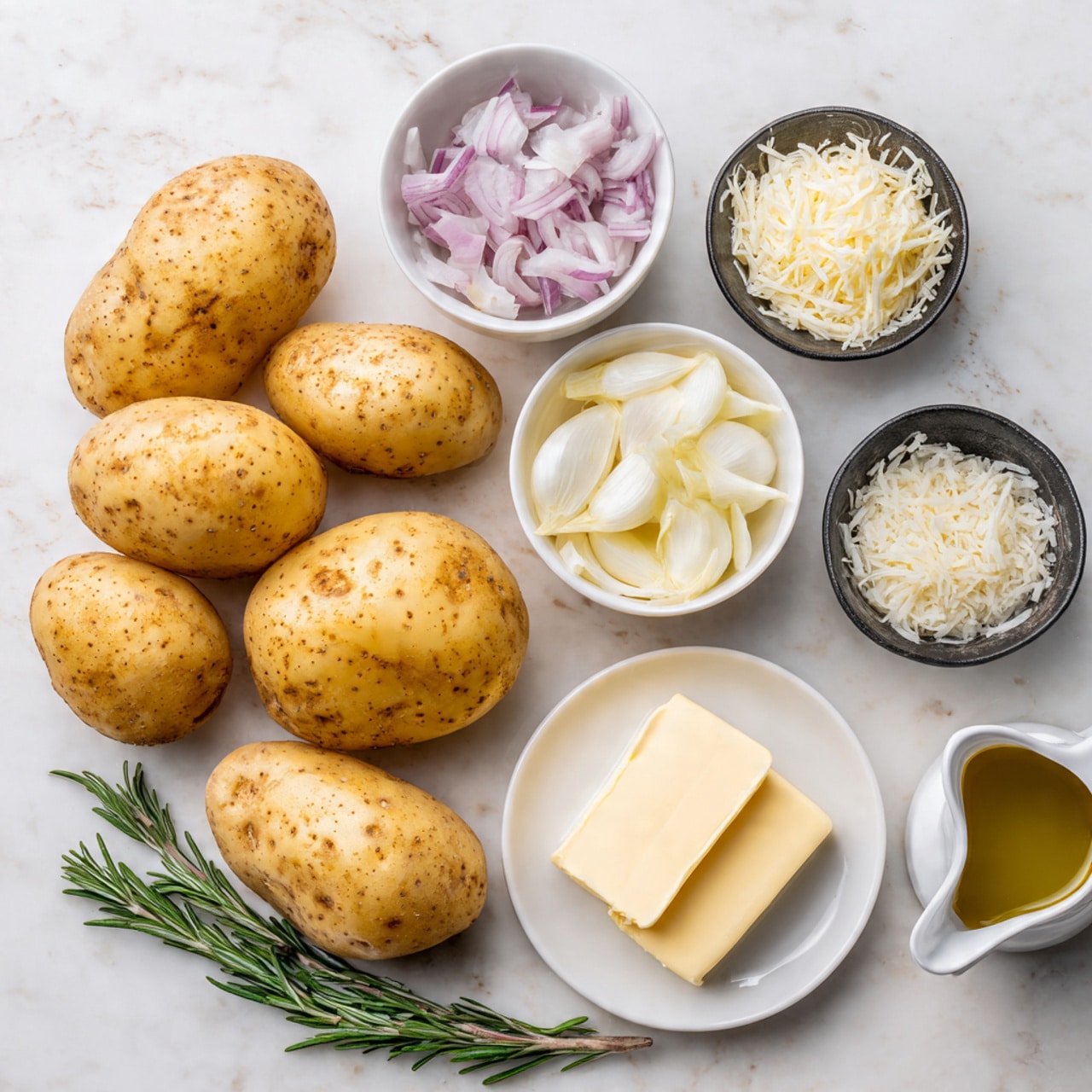 The image shows seven raw yellow potatoes with brown spots arranged in the center on a white marbled surface. Around them are several small white bowls and plates containing cooking ingredients: one bowl has chopped light purple onions, another bowl has thin white garlic slices, a third bowl is filled with finely shredded white cheese, a small black bowl holds coarse white salt, a white plate has two thick sticks of pale yellow butter, and a small white pitcher contains golden olive oil. Two green rosemary sprigs with needle-like leaves lie next to the butter plate. The overall look is clean and organized with a focus on natural colors and textures. photo taken with an iphone --ar 4:5 --v 7