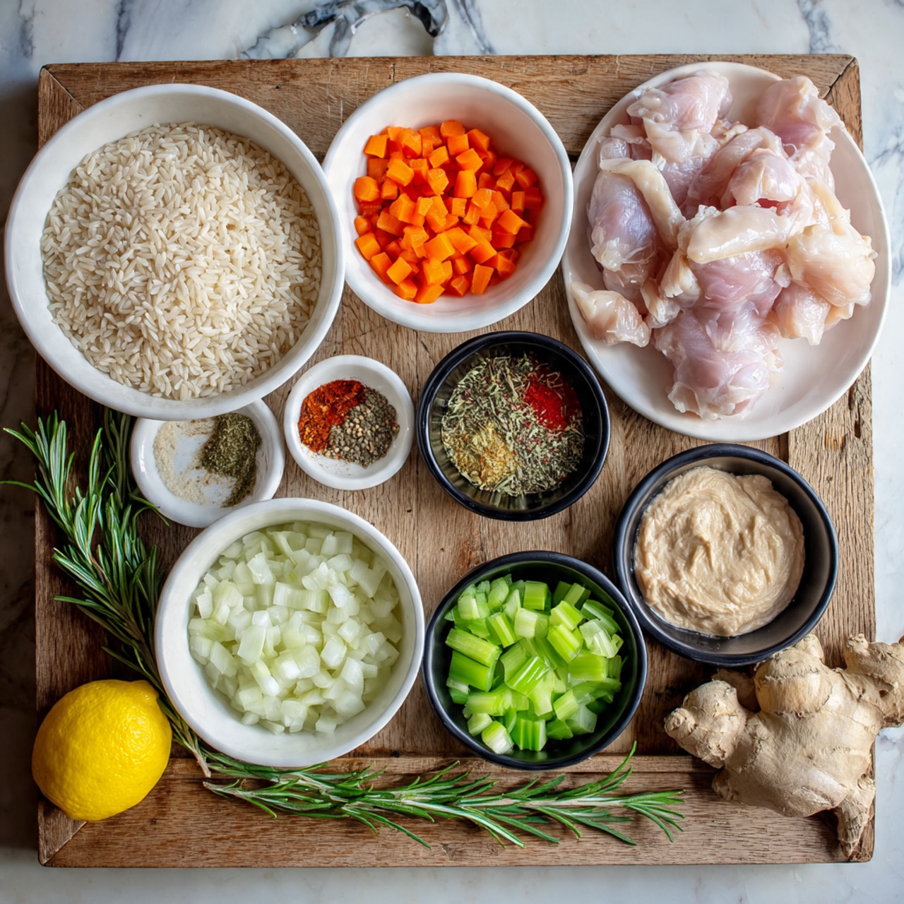 The image shows a wooden tray with several white bowls and plates holding different ingredients. One white bowl is filled with pale uncooked rice grains, and another white bowl contains small diced orange carrot pieces. A third white bowl holds chopped white onion, while a fourth white bowl has chopped green celery. A white plate displays raw pale pink chicken pieces at the top right. There are two black bowls, one with green and brown dried herbs and red and yellow spices, and the other holding two beige paste-like scoops. A whole yellow lemon sits on the tray next to a sprig of fresh green rosemary. Pieces of fresh ginger root and a bulb of garlic are placed next to the bowls on the wooden surface. The background is a white marbled texture. Photo taken with an iphone --ar 4:5 --v 7