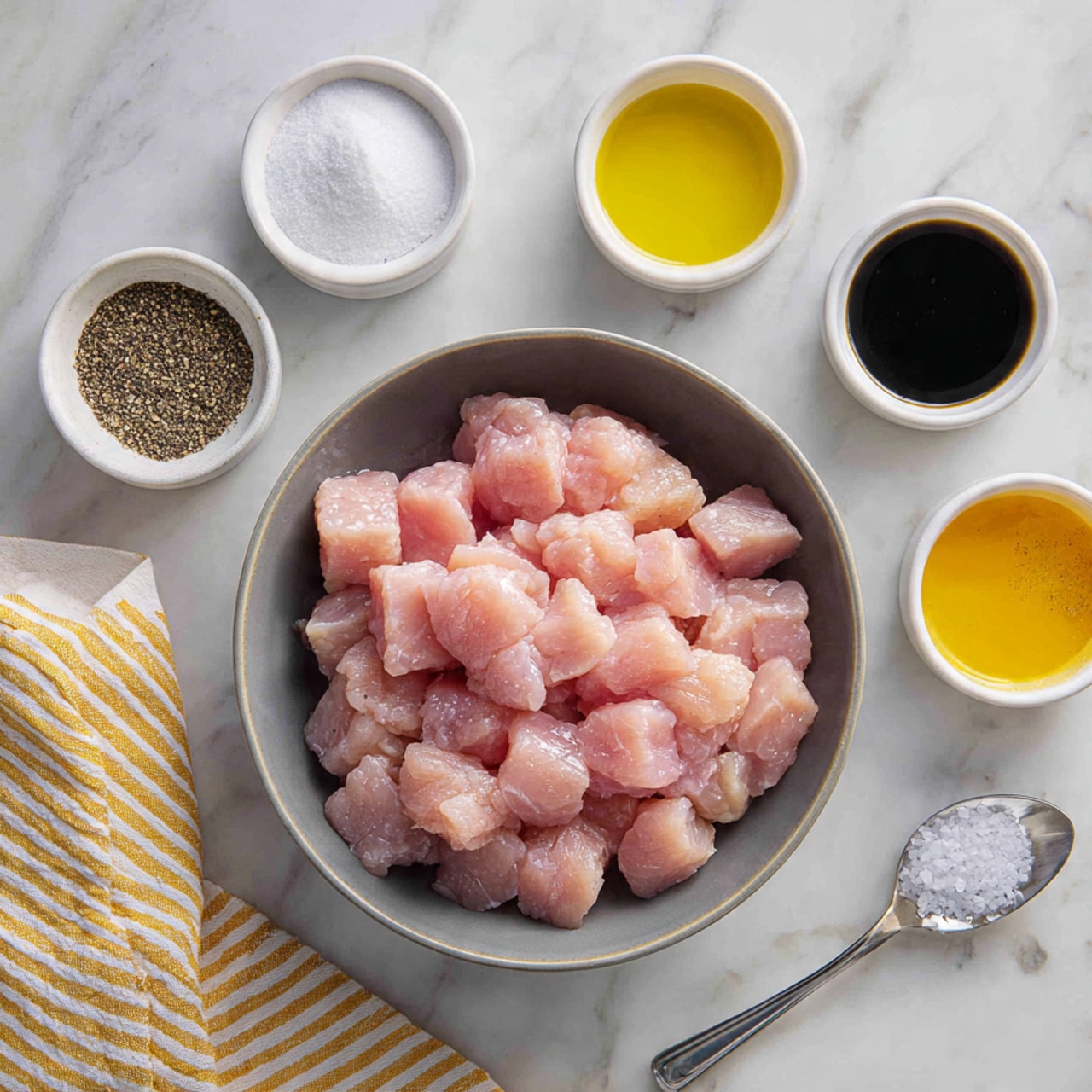 A top view shows a gray bowl filled with raw pink chicken chunks in the center. Surrounding the bowl are six small white containers with different ingredients: one with white powder, one with black pepper, one with dark liquid, one with a yellow liquid, one with coarse white salt and a small spoon, and one with a small amount of white granules. The setup is on a white marbled surface with a striped cloth at the bottom left. Photo taken with an iphone --ar 4:5 --v 7