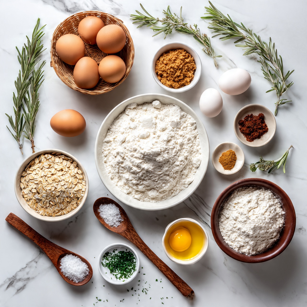 A flat lay of various baking ingredients arranged on a white marbled surface, including a large white bowl filled with white flour at the center, a smaller white bowl with fresh eggs to the upper right, and a brown bowl with more white flour to the lower right. To the left, a wooden basket holds several brown eggs, and a small white bowl contains rolled oats mixed with some flour above it. Several small round bowls hold different ingredients: one with light brown sugar, one with dark brown crumbs, one with green chopped herbs, and one with salt. Two wooden spoons, one with coarse salt and the other with garlic powder, lie near the center bottom, beside a small white bowl with an egg yolk. Sprigs of fresh rosemary decorate the white marbled surface background. photo taken with an iphone --ar 4:5 --v 7