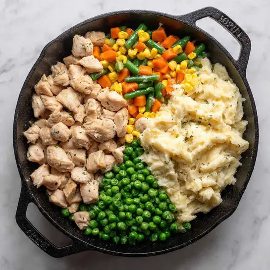 A black cast iron pan holds three sections of food against a white marbled textured surface. One section is filled with small pieces of cooked light beige chicken breast, seasoned lightly and piled loosely on the left side. The bottom section contains bright, mixed vegetables including orange carrot cubes, green beans, yellow corn, and green peas, all appearing fresh and vibrant. The right side of the pan is filled with a creamy, off-white sauce that looks thick and smooth, covering the bottom part of the pan. The pan’s handles are visible at the top and bottom edges. Photo taken with an iphone --ar 4:5 --v 7