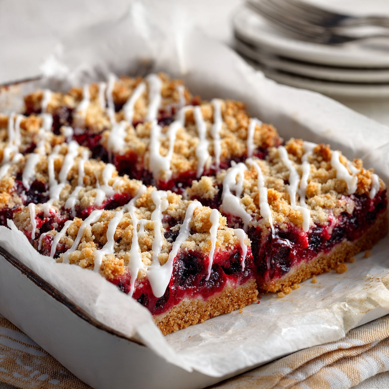 A rectangular cherry crumble bar sits in a white baking pan lined with parchment paper that folds over the edges. The bar has three visible layers: the bottom layer is a golden brown crust, the middle layer is a deep red cherry filling with whole cherries, and the top layer is a crumbly golden topping scattered unevenly. White icing is drizzled wildly across the surface, adding a glossy contrast. The pan rests on a white marbled surface with a beige and white striped cloth next to it, and a stack of two white plates with two forks on top is placed nearby. photo taken with an iphone --ar 4:5 --v 7