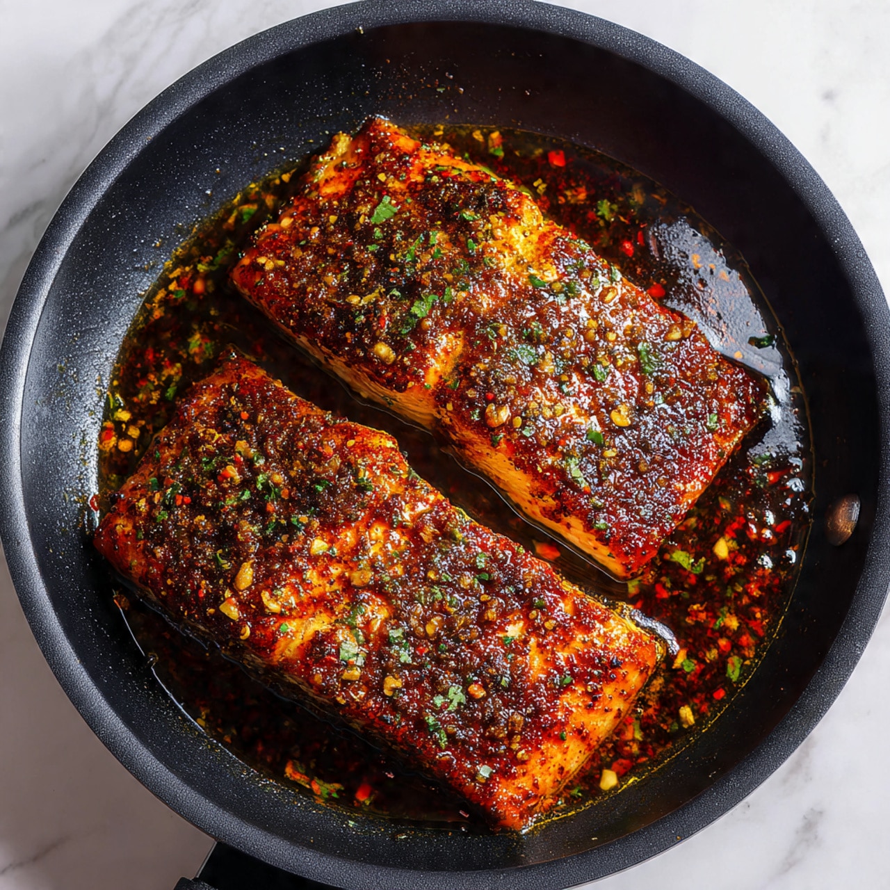 Two pieces of cooked salmon with a dark crust of spices and herbs lie flat in a black pan with some oil and spice bits around them. The salmon has a warm orange color with blackened seasoning on top, creating a rough texture. The pan’s inside is shiny and slightly greasy, showing the cooking oil. The pan rests on a white marbled surface. photo taken with an iphone --ar 4:5 --v 7