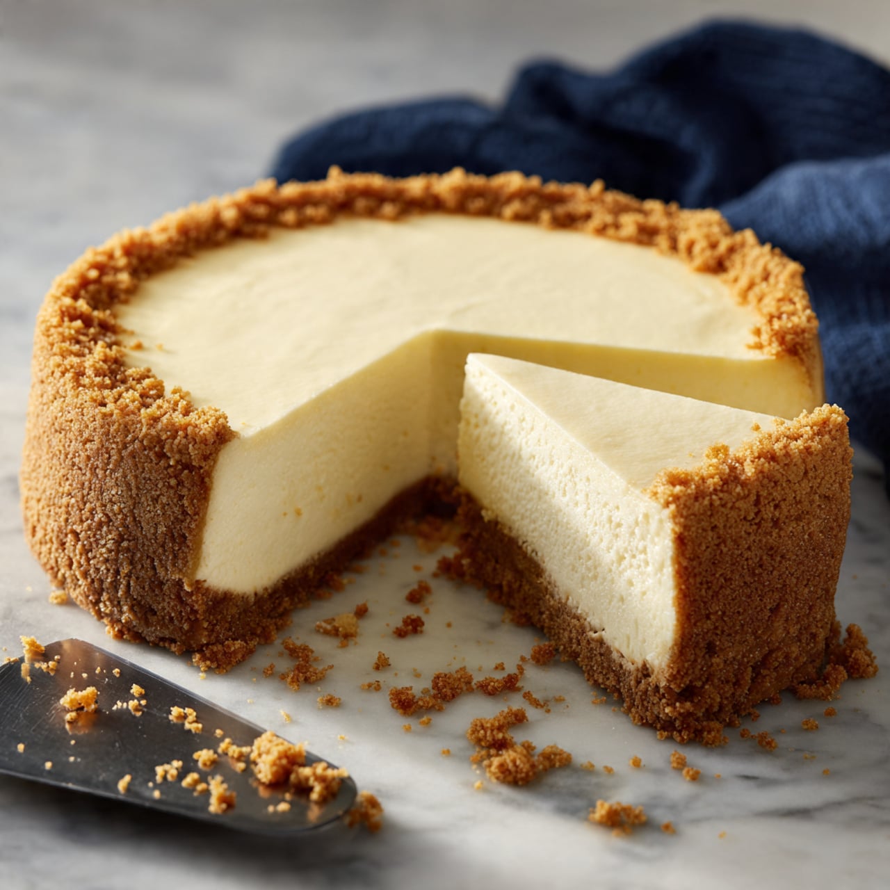 A creamy cheesecake with two layers sits on a white marbled surface. The bottom layer is a crumbly, light brown crust made of biscuit or graham cracker. The top layer is a smooth and thick, pale cream-colored cheesecake filling. One large slice is missing from the round cake, showing the clear separation between the crust and the filling. Crumbs are scattered around the cake on the surface. A cake server with a black handle is placed next to the cheesecake. In the background, a dark blue cloth is softly folded. The photo taken with an iphone --ar 4:5 --v 7