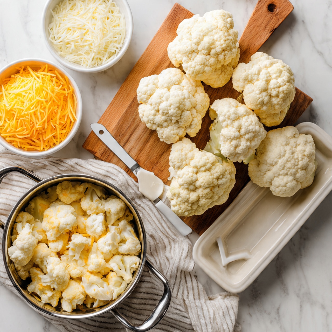 The left side shows a cooking setup with a white bowl filled with fine grated yellow cheese on the bottom left, and a smaller white bowl containing white grated cheese on the top left. A wooden cutting board in the center holds many raw cauliflower florets, off-white in color with a rough texture. A small knife with a white handle rests on the board. Below is a shiny, empty metal pot with black handles, placed on a white and beige striped cloth, all set on a white marbled surface. On the right side, a white square baking dish holds one even layer of pale yellow cauliflower florets, filling the dish almost to the top, all sitting on the same white marbled texture. photo taken with an iphone --ar 4:5 --v 7