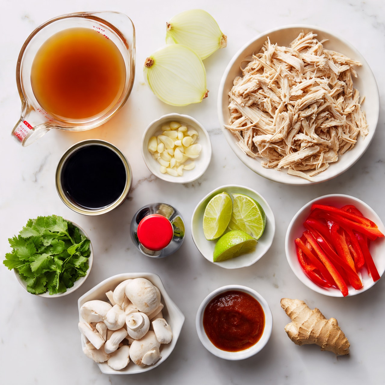 This image shows ingredients arranged neatly on a white marbled surface. At the top left, there is a clear glass measuring cup filled with light brown broth. To its right, a white bowl holds shredded light tan chicken. Below the broth, two open cans, one with a red lid, and a small bottle of dark soy sauce with a red cap are placed. To the right of the chicken bowl are two halves of a pale yellow onion and a small glass cup with a clear liquid. Near the center, a small white bowl contains chopped garlic, and another small white bowl holds fresh cilantro and lime halves. At the bottom left, three green onions lie next to a white dish filled with white sliced mushrooms. Near the bottom center, two small fluted white bowls contain light brown paste and deep red paste. On the bottom right, there are two halves of a red bell pepper and a piece of light brown ginger root. The overall setup is clean and bright. photo taken with an iphone --ar 4:5 --v 7