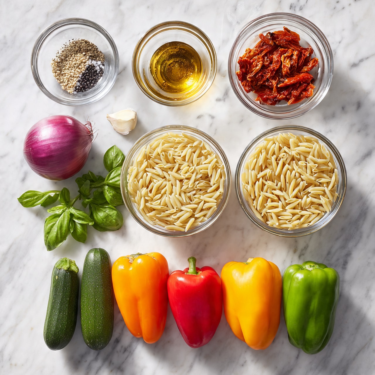 The image shows fresh cooking ingredients neatly placed on a white marbled surface. The top row has four glass bowls: the first with a mix of black pepper and salt, the second with a light brown liquid, the third with sun-dried tomatoes in oil, and the fourth filled with uncooked orzo pasta. Below the bowls, there is a whole red onion to the left, a whole garlic bulb next to it, and four colorful bell peppers in a horizontal line (orange, yellow, red, and green from left to right). To the bottom left, there are two medium-sized zucchinis side by side, and next to them is a small bunch of fresh green basil leaves. The colors are bright and fresh, and the image has natural daylight, making the textures clear and vibrant. photo taken with an iphone --ar 4:5 --v 7