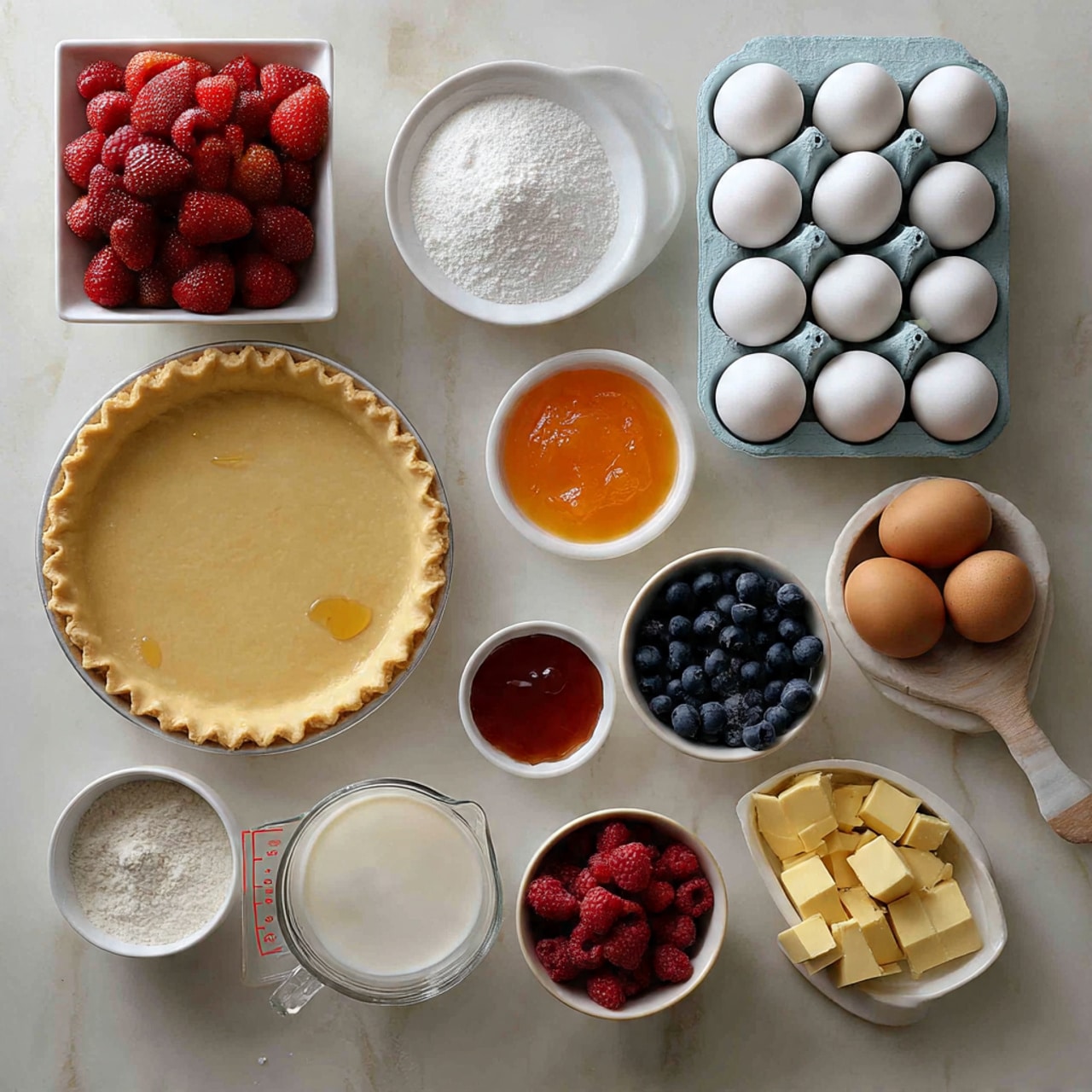 A flat lay of baking ingredients arranged neatly on a white marbled surface. There is a white square bowl filled with fresh red strawberries at the top left. Next to it is a small white bowl with white granulated sugar, and above that is a light blue carton holding six white eggs. Below the sugar is a small white bowl with orange jam, beside a small white bowl with vanilla extract. Moving to the bottom left, there is a round tart crust in a metal pan, a wooden dish with salt, and a glass measuring cup holding white cream. There are several small white bowls filled with blueberries and raspberries, light yellow cubed butter in a white small bowl, three whole brown kiwis in another white bowl, and a small bowl with white powdered sugar. The whole scene has bright, natural lighting. Photo taken with an iphone --ar 4:5 --v 7