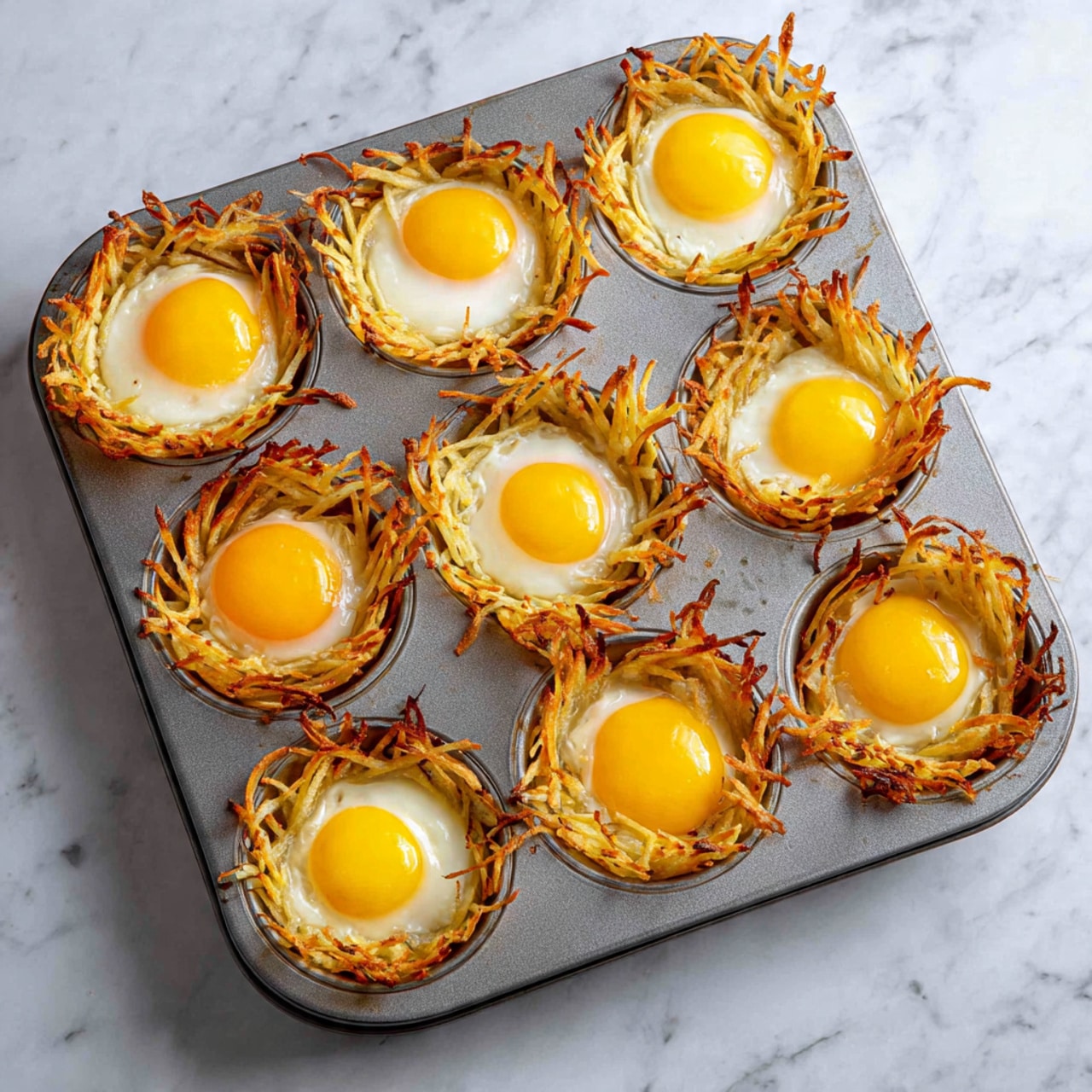 The image shows a metal muffin tray with nine nests made from thin, crispy, golden-brown potato strips forming the base and sides of each cup. Inside each potato nest is one bright yellow egg yolk sitting on a glossy layer of egg white, with the yolks centered and slightly raised. The potato strips are unevenly browned with some edges more golden than others. The background surface is a white marbled texture. photo taken with an iphone --ar 4:5 --v 7