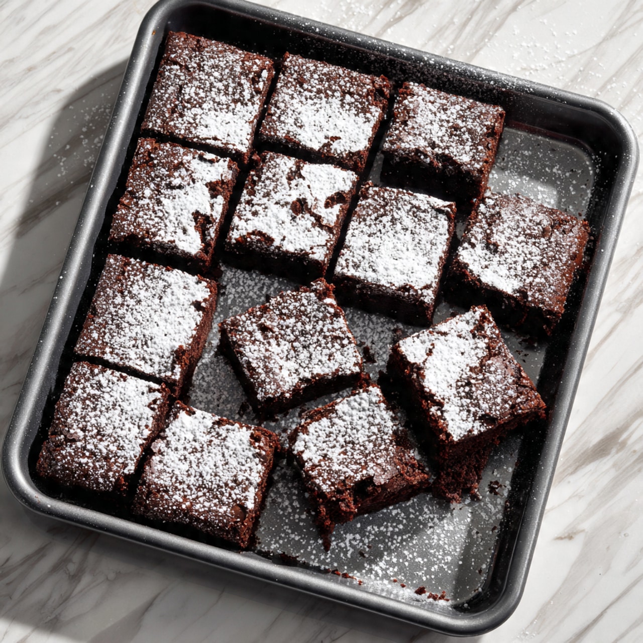A baking tray filled with a single layer of chocolate brownies dusted heavily with white powdered sugar on top, showing a crumbly texture. The brownies are cut into rectangles, nine are visible, with one piece missing from the bottom right corner, revealing the brown interior. The tray sits on a white marbled surface. Photo taken with an iphone --ar 4:5 --v 7