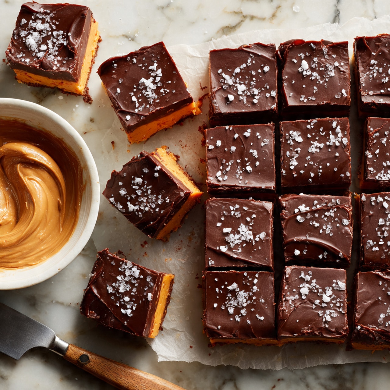A square dessert cut into sixteen pieces with a thick orange base layer and a smooth, shiny dark chocolate layer on top, sprinkled with flakes of sea salt; several pieces are slightly lifted and tilted showing the texture of the orange layer beneath the chocolate. The dessert sits on a white marbled surface next to a white bowl containing light brown creamy peanut butter, and a knife with a wooden handle lies nearby. photo taken with an iphone --ar 4:5 --v 7