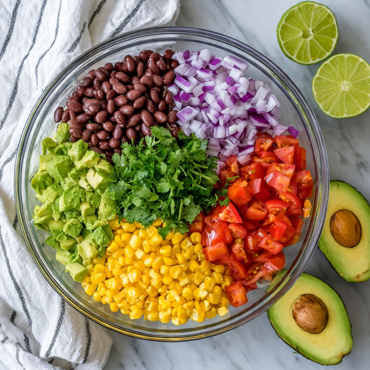 A clear glass bowl sits on a white marbled surface with a striped white and black cloth nearby. Inside the bowl are five distinct layers arranged in sections around the bowl: dark brown black beans at the top left, small diced purple onions on the top right, bright yellow corn kernels at the bottom right, chopped red tomatoes at the bottom left, and fresh green cilantro leaves in the center. To the right of the bowl, there are two halves of a green lime showing the light green flesh. In the bottom right corner, three avocado halves with dark green outer skin and yellow-green flesh are placed, two of them containing brown seeds. photo taken with an iphone --ar 4:5 --v 7
