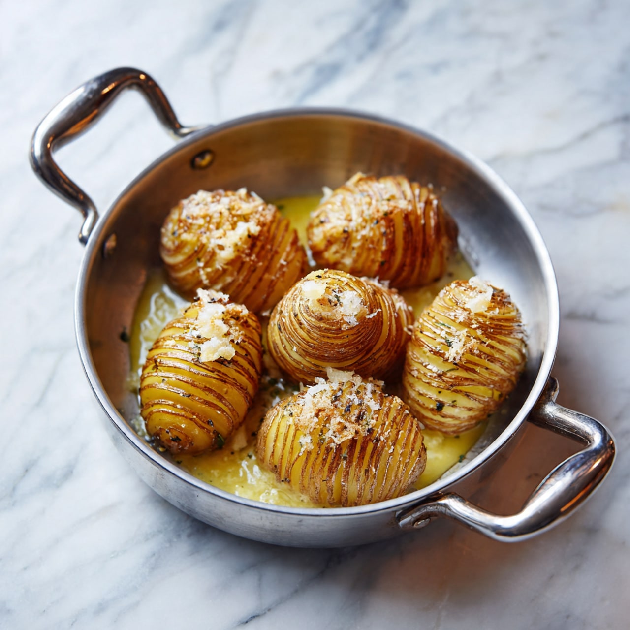 The image shows a silver frying pan filled with six golden toppings made by thinly sliced potatoes arranged in a curved, oval shape. Each potato topping has many fine layers visible due to precise thin cutting, topped lightly with grated cheese that has browned slightly from cooking. The potatoes rest in a shiny pool of melted butter that fills the pan’s base, making the dish look rich and soft. The pan sits on a white marbled surface with the handle extending to the left and another handle on the right side. The whole scene feels warm and inviting as the potatoes cook to a light golden brown. photo taken with an iphone --ar 4:5 --v 7