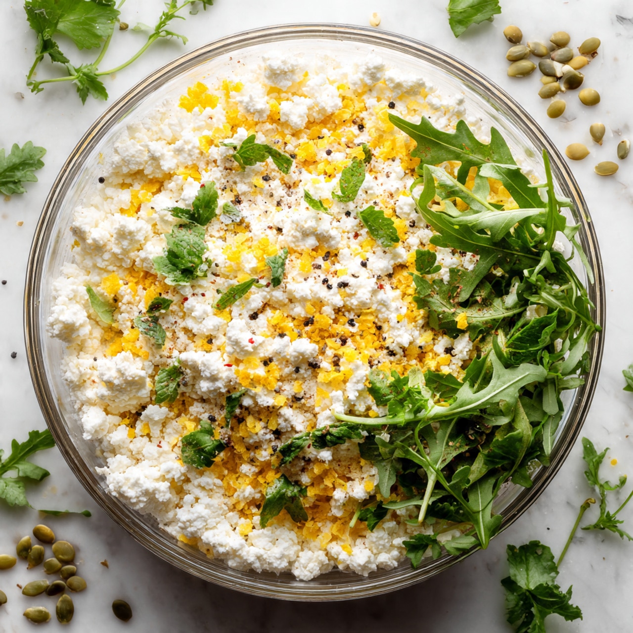 A clear glass bowl sits on a white marbled surface, holding a mix that forms two main layers: the bottom layer is white, crumbly cheese with a slightly grainy texture, and the top layer includes scattered fresh green herb sprigs, small crushed light yellow pieces, and specks of black pepper and coarse salt. Around the bowl, fresh green herbs and a few green seeds are casually spread, adding a natural touch to the scene. There are also blurred kitchen items in the background, contributing to a cozy kitchen vibe. photo taken with an iphone --ar 4:5 --v 7