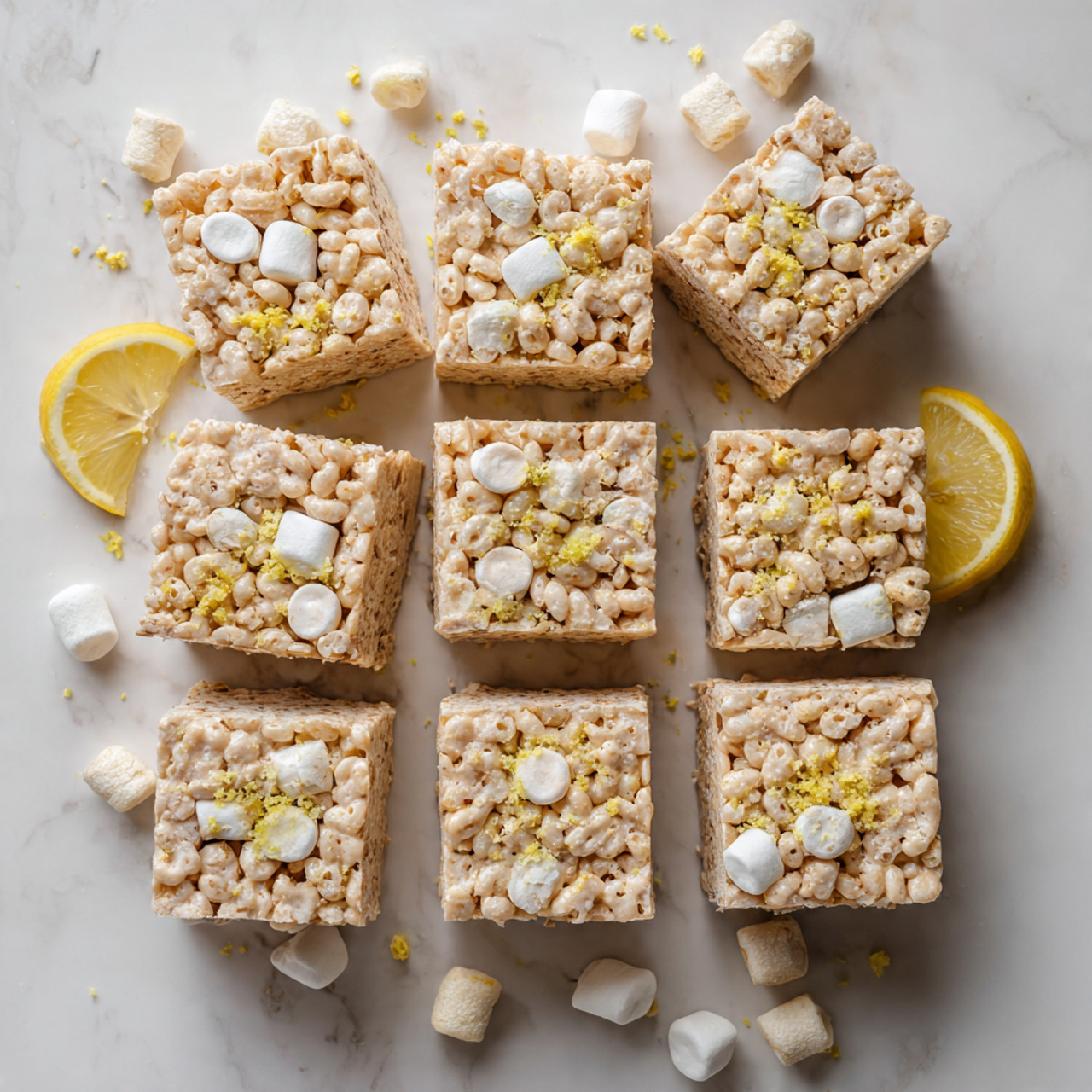 Lemon Rice Krispie Treats Recipe 5 A stack of chewy cereal treats made from puffed rice cereal mixed with melted marshmallow and butter, formed into thick squares. The top layer is golden brown with some white marshmallow patches and small bits of yellow zest scattered on top, giving a textured look. One piece is being lifted by a woman's hand, showing its squishy, sticky texture and the tight stickiness holding the puffed cereal together. The treats sit on a white plate with a white marbled background. Photo taken with an iphone --ar 4:5 --v 7