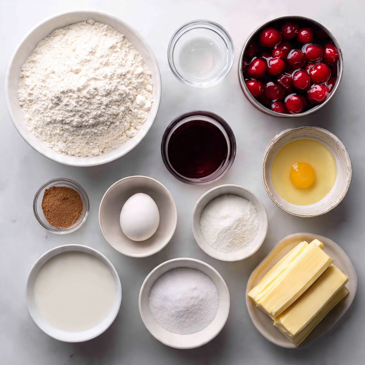 The image shows a clean layout of baking ingredients on a white marbled surface. There are eleven containers arranged neatly: a large white bowl filled with flour at the bottom left, a small clear bowl with a white egg placed above it, two small bowls with clear liquids above and to the right of the egg, a small bowl with a brown powder to the right, and a can of cherries in syrup with bright red fruit floating in dark liquid at the top right. Below, there is a small bowl with white milk, a smaller white bowl filled with powdered sugar next to two sticks of butter in paper wrapping to the far right, and two very small bowls with salt and baking powder near the center. The image captures the ingredients in bright, natural light on a flat white marbled surface. Photo taken with an iphone --ar 4:5 --v 7