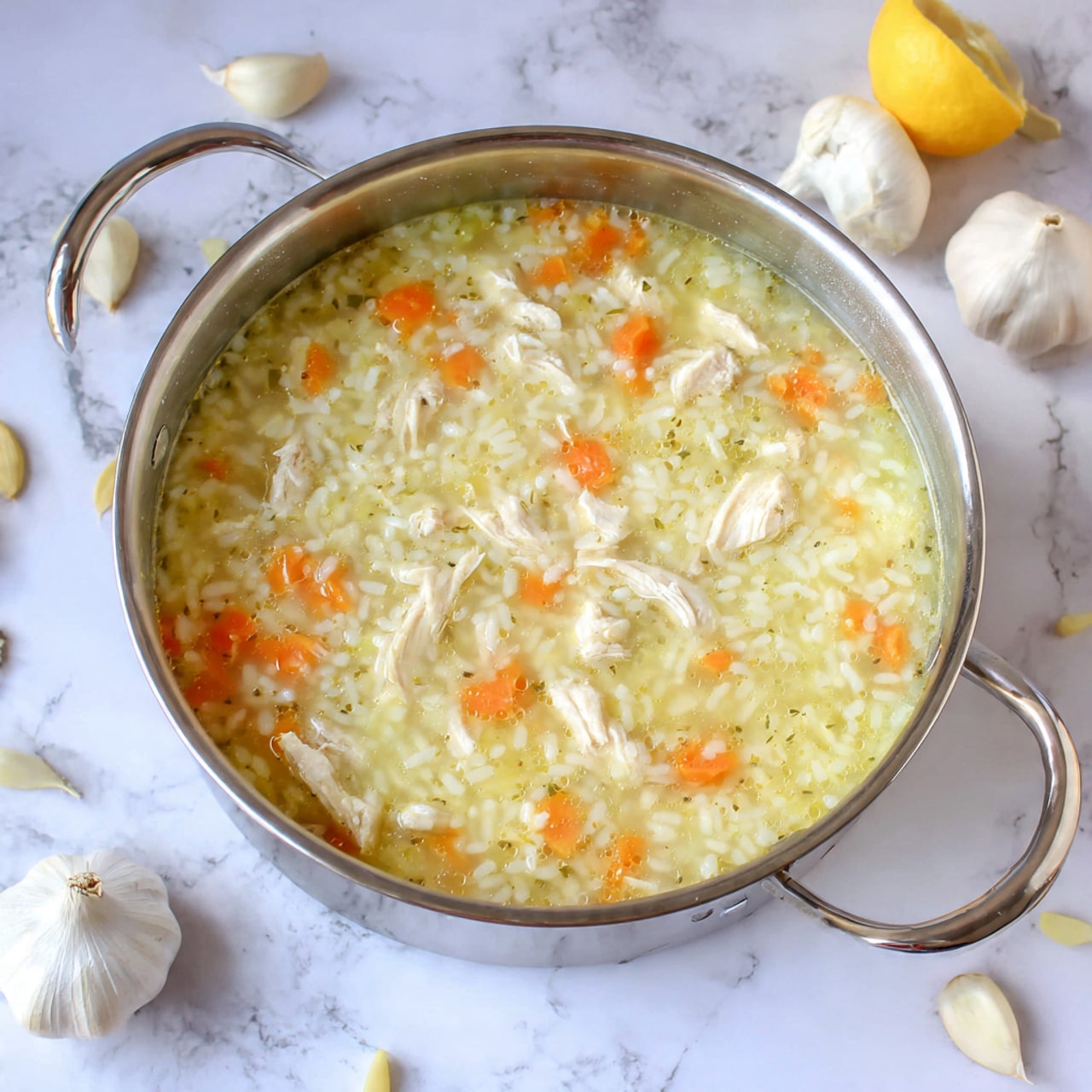 The image shows a large silver pot filled with a creamy yellow soup mixed with small orange carrot cubes and grains of rice. On top of the soup, there is a layer of shredded light brown cooked chicken pieces spread across the center. Around the pot, there are garlic bulbs and a lemon on a white marbled surface. The mixture looks thick with visible herbs mixed into the soup. Photo taken with an iphone --ar 4:5 --v 7