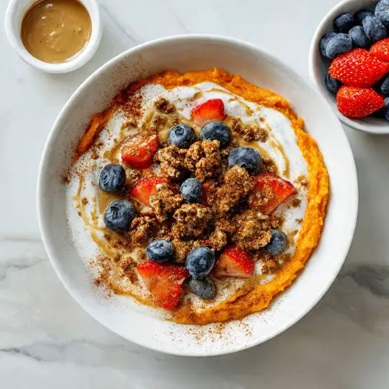 Sweet Potato Breakfast Bowl with Greek Yogurt, Fruit, and Nut Butter Recipe