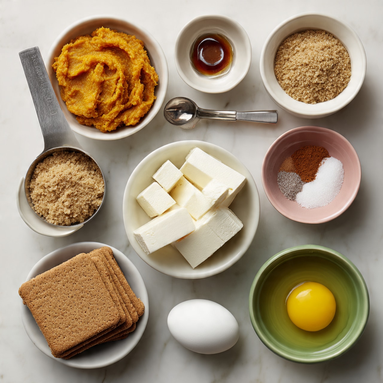 The image shows a white marbled surface with small white bowls and containers holding various ingredients arranged neatly. In the center, a white bowl filled with brown rectangular graham crackers stands out. Below it, another white bowl holds thick white rectangular pieces of cream cheese. To the left, a silver measuring cup contains bright orange pumpkin puree. Above the pumpkin puree is a white bowl filled with light brown crumbly brown sugar. Next to it is a metal spoon with dark brown vanilla extract. Above the vanilla is a small pink bowl with a mix of cinnamon and salt in it, while another white bowl at the top contains cinnamon and salt as well. Above and to the right of the graham crackers is a green bowl with melted yellow butter. In the middle of all these ingredients lies one plain white egg. Each ingredient is clearly separated, and the background is a clean white marbled texture. photo taken with an iphone --ar 4:5 --v 7