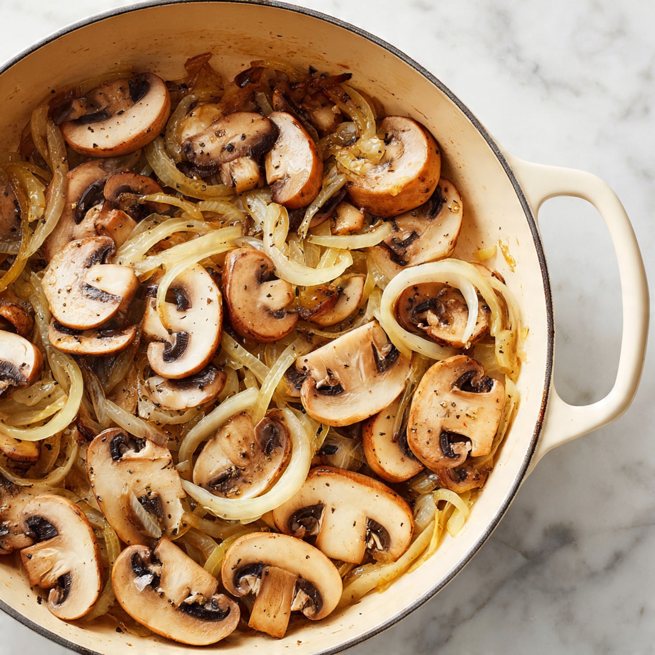 The image shows a close-up of a cooking pot filled with sautéed mushrooms and onions. The mushrooms are sliced thin with a light brown outer edge and creamy white insides, scattered evenly throughout the pot in layers mixed with thin, translucent yellowish onion strips. The mushrooms and onions have a soft, slightly shiny texture from cooking, with some steam rising gently from the pot. The pot itself has a light cream-colored interior with a smooth texture, contrasting with the darker sautéed ingredients inside. The background is a white marbled surface. Photo taken with an iphone --ar 4:5 --v 7