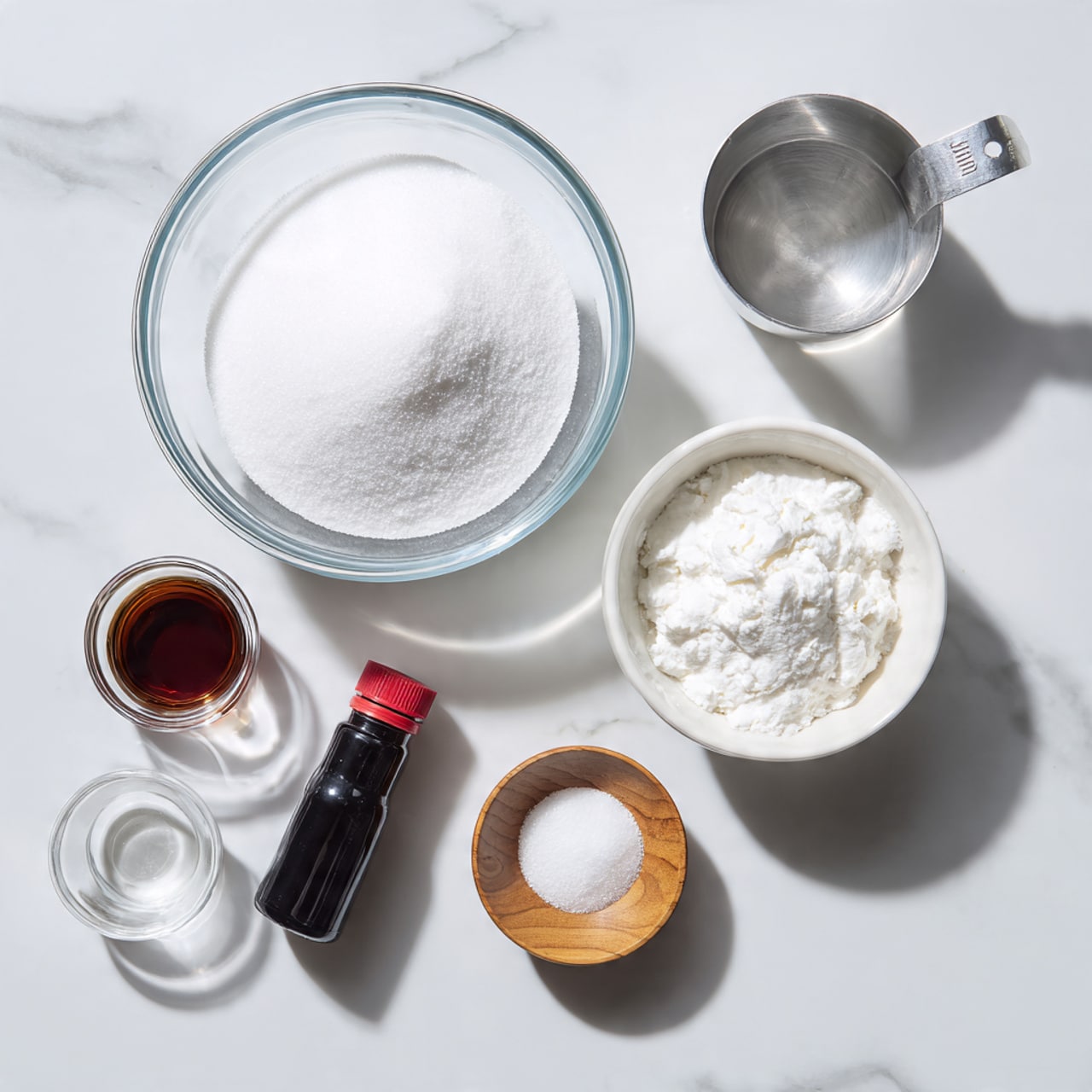 The image shows seven small containers arranged on a white marbled surface. In the center is a large clear glass bowl filled with white granulated sugar. Above it is a small white bowl filled with fine white powdered sugar, and to the right is another small white bowl with a fluffy white powder. To the upper right is a metal measuring cup with a clear liquid inside. On the lower right is a small wooden bowl holding a pinch of white salt. On the left side, near the sugar, is a small glass cup containing a dark brown liquid, and next to that is a small black bottle with a red cap. The scene has strong natural lighting that highlights the different white powders and liquids, with soft shadows around the containers. photo taken with an iphone --ar 4:5 --v 7