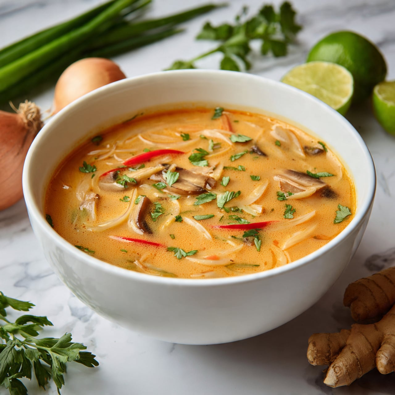 The image shows a white bowl filled with a creamy light orange soup that has several visible layers and textures. The soup contains slices of beige and brown mushrooms, thin strips of red bell pepper, and small pieces of onion, all floating evenly in the broth. On top of the soup, there is a sprinkle of finely chopped green herbs, possibly cilantro, adding a fresh green layer. The bowl is placed on a white marbled surface with fresh ingredients around, including lime halves, ginger root, green onions, and a halved amber onion. Photo taken with an iphone --ar 4:5 --v 7