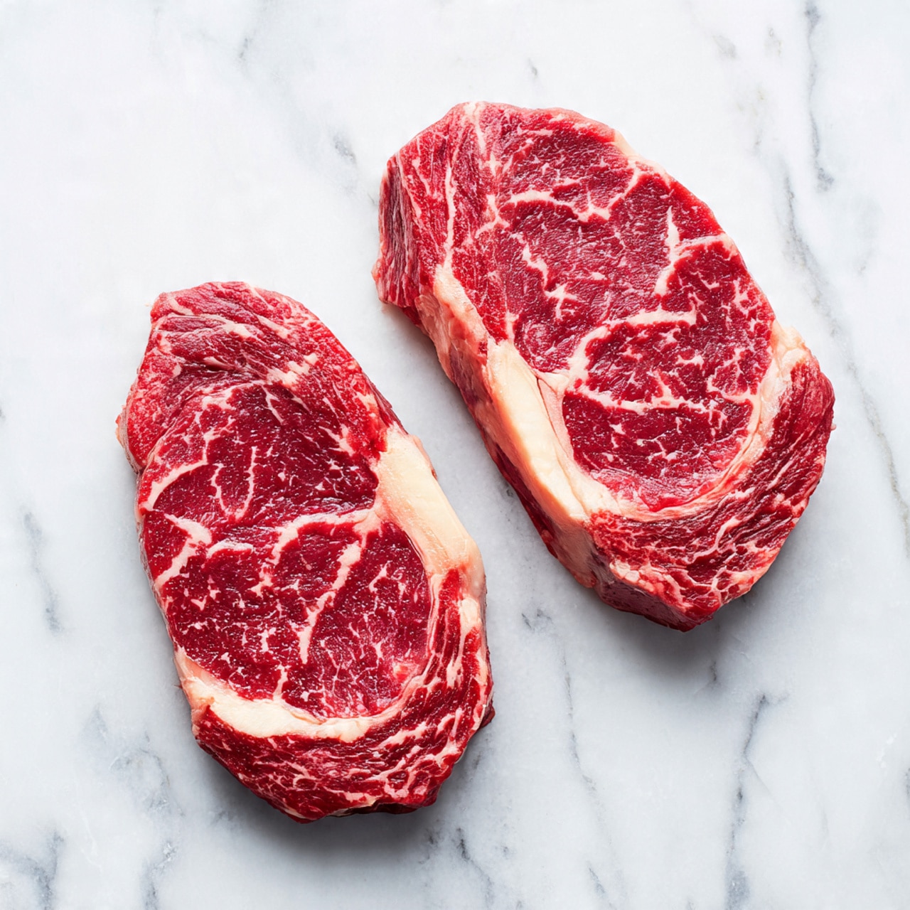 Two raw red steaks with white fat edges are placed side by side on a white marbled surface. Each steak shows a marbled texture with small streaks of fat running through the meat, giving it a slightly textured look. The top steak is rectangular with a thicker strip of white fat on the upper side, while the bottom one is more irregular in shape with fat lining a larger portion of its edges. The colors are deep red with creamy white highlights on the fat. Photo taken with an iphone --ar 4:5 --v 7