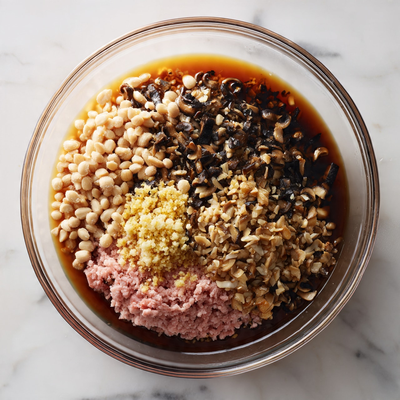 A clear glass bowl holds a mix of three main layers: on the right is a pinkish layer of ground meat soaking partly in a dark soy-colored sauce around the bowl’s edge; above it on the left side are small, dark brown chopped mushrooms; below the mushrooms near the center and left is a chunky pile of pale beige water chestnuts or similar crunchy vegetable; and a small pile of finely chopped light yellow garlic or ginger sits between the meat and vegetables. The bowl is on a white marbled surface. photo taken with an iphone --ar 4:5 --v 7