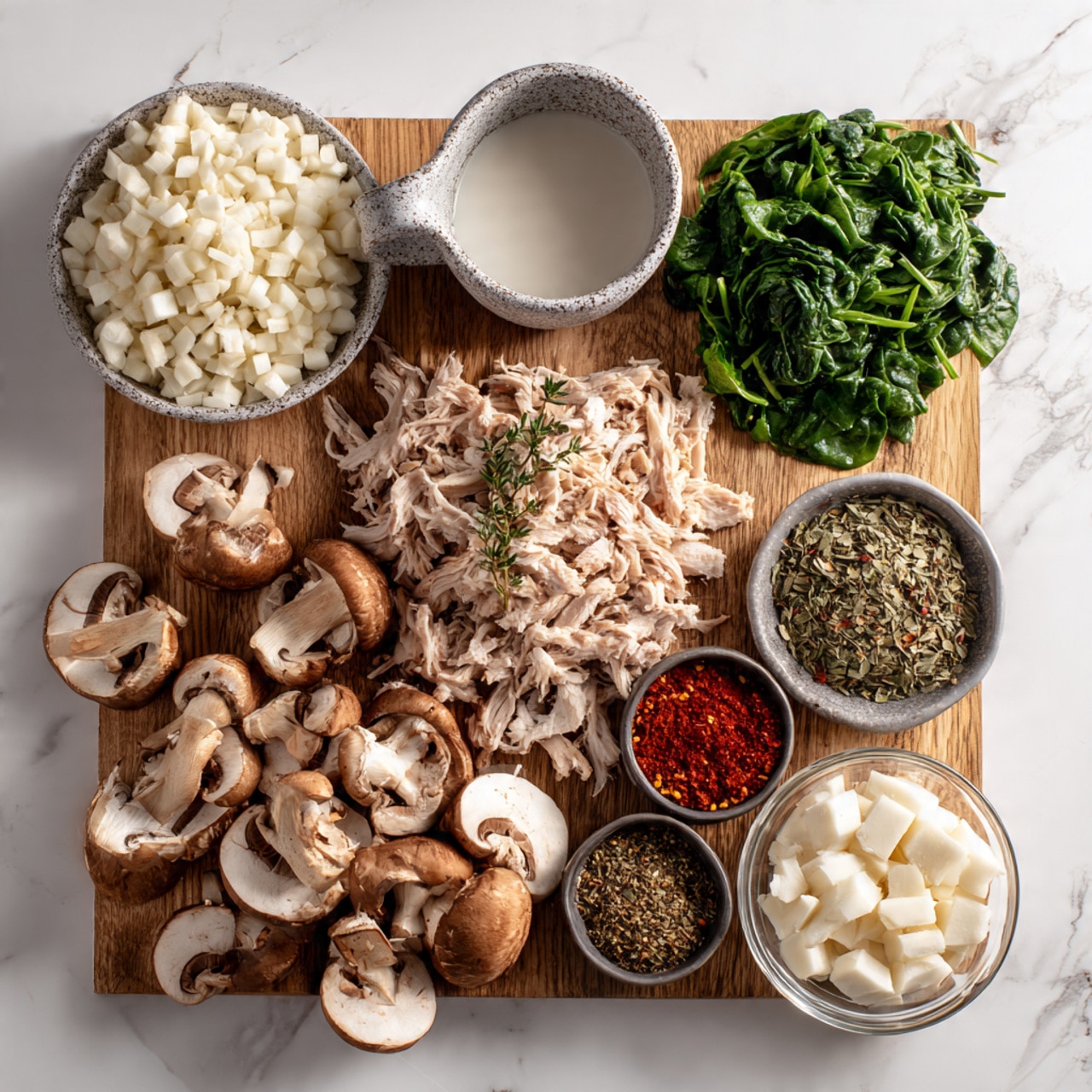 The image shows a wooden board covered with several piles of chopped ingredients arranged neatly. On the left side, there is a mound of small white diced pieces next to a gray speckled cup filled with a white liquid. Below, there are several halved brown mushrooms with white insides scattered close together. In the middle, there is a heap of shredded white meat with light pink edges, with two small sprigs of herb lying nearby. To the right, a pile of bright green leafy spinach is placed. Three small gray bowls with different spices are also visible: one with red flakes, the second with a darker red powder, and the third with dried green and gray herbs. A clear glass bowl filled with larger white chunks is positioned near the spices. The background is a white marbled texture. photo taken with an iphone --ar 4:5 --v 7