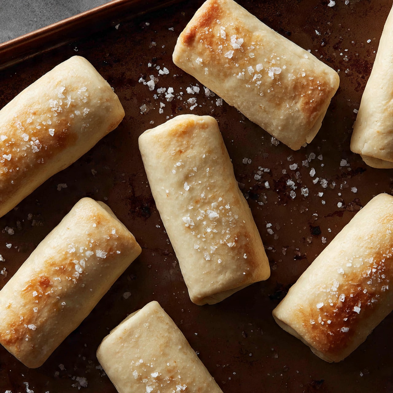 The image shows several rectangular rolls placed on a flat baking sheet. Each roll is light beige with a smooth, slightly shiny surface that looks like thin dough wrapped tightly around a filling. The rolls are arranged in loose rows with small spaces between them. Some drops of oil and coarse white salt flakes are scattered on and around the rolls, enhancing their glossy look. The baking sheet underneath is dark brown and textured, providing contrast to the pale rolls. photo taken with an iphone --ar 4:5 --v 7