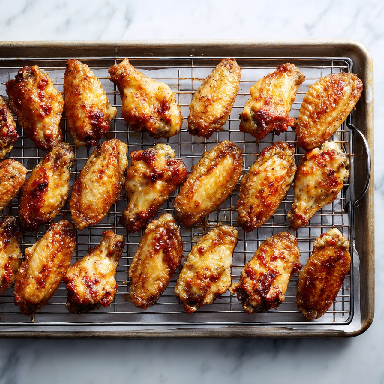 A baking tray lined with parchment paper holds a metal wire rack with 15 cooked chicken wings. The wings are evenly spread in three rows, showing a golden-brown color with a lightly crispy texture. The tray is placed on a white marbled surface. photo taken with an iphone --ar 4:5 --v 7